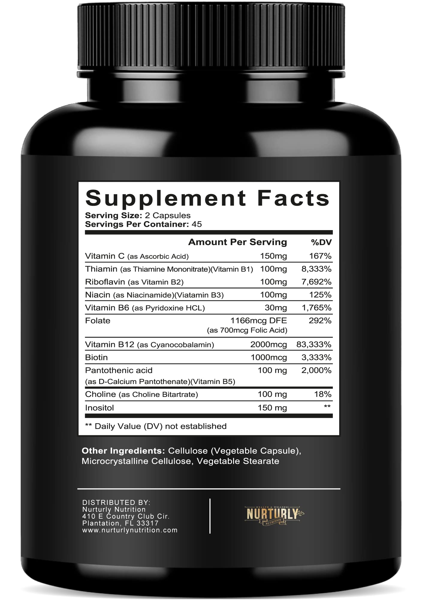 Vitamin B Complex with Vitamin C - Contains All Essential B Vitamins - B1, B2, B3, B5, B6, B7, B9, B12 and Biotin - Super B Complex Vitamins for Energy, Immunity and Mood Support - 90 Capsules