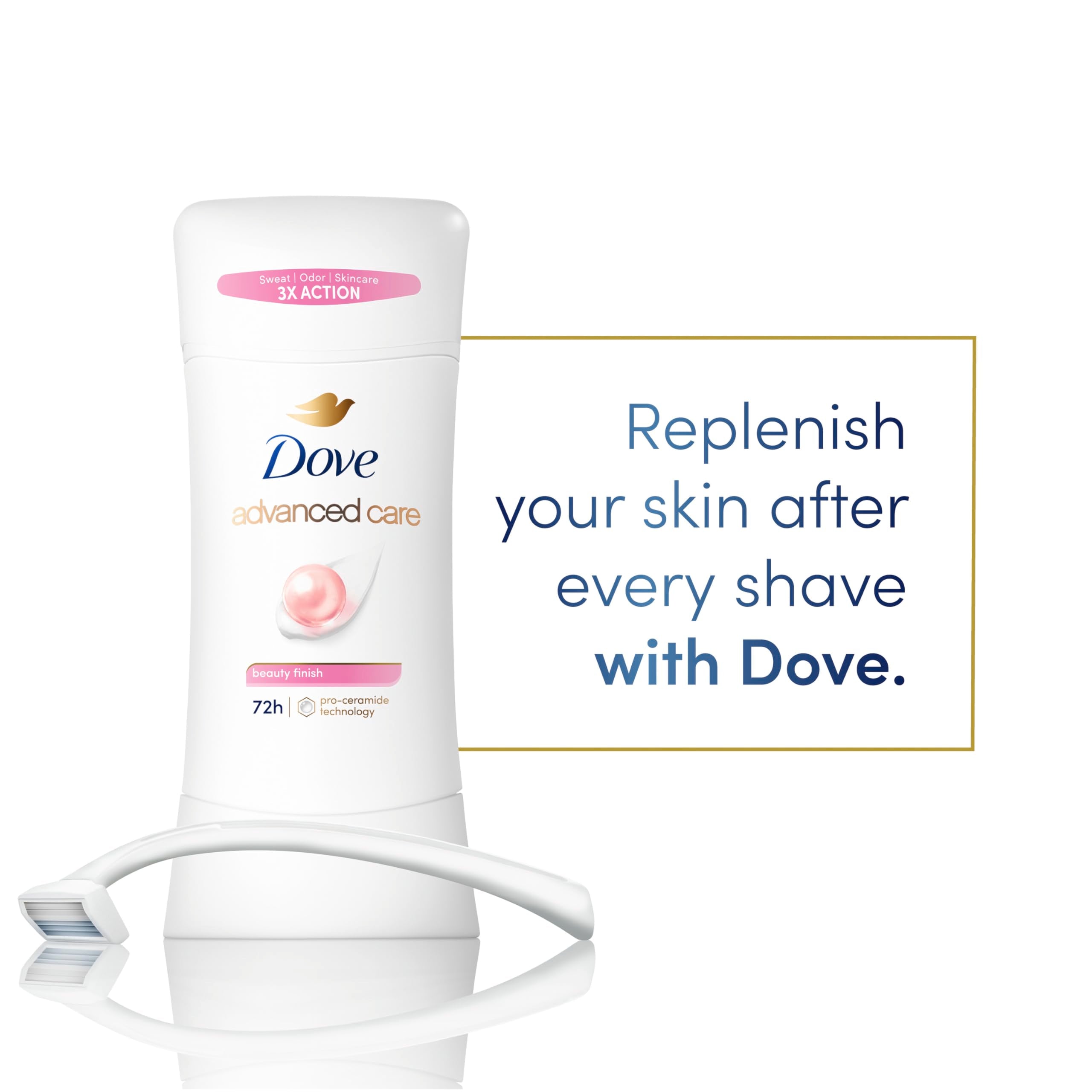 Dove Advanced Care Antiperspirant Deodorant Stick Beauty Finish for Helping Repair Skin Barrier After Shaving, with 72-Hour Sweat & Odor Protection, 2.6 oz