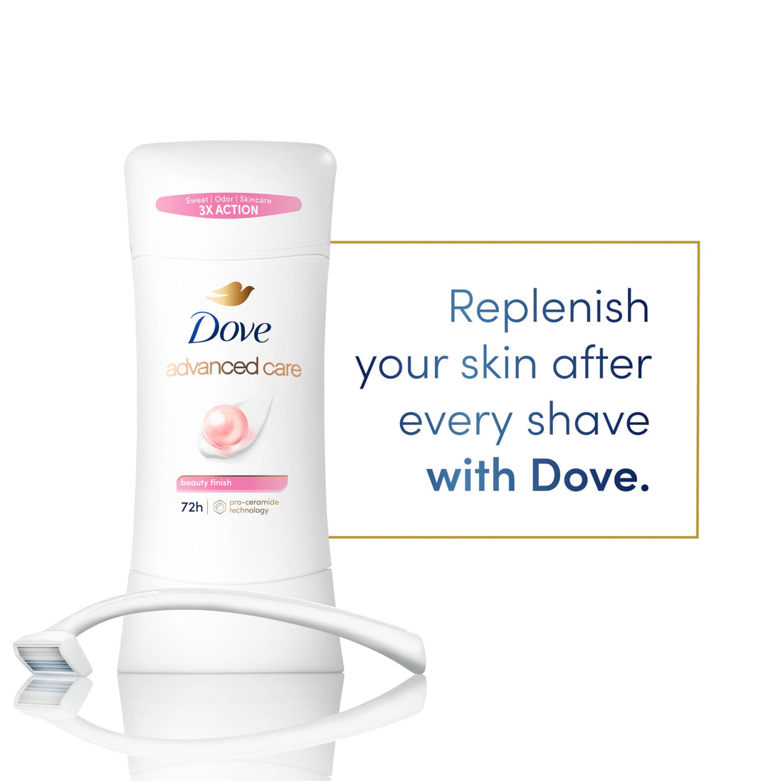 Dove Advanced Care Antiperspirant Deodorant Stick Beauty Finish for Helping Repair Skin Barrier After Shaving, with 72-Hour Sweat & Odor Protection, 2.6 oz