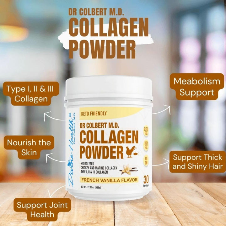 Divine Health Dr. Colbert MD Hydrolyzed Collagen Powder | Vanilla Flavor | Type I, II, III Chicken & Marine Collagen Peptides | Recommended in Keto Zone Diet Book Hair, Skin and Nails