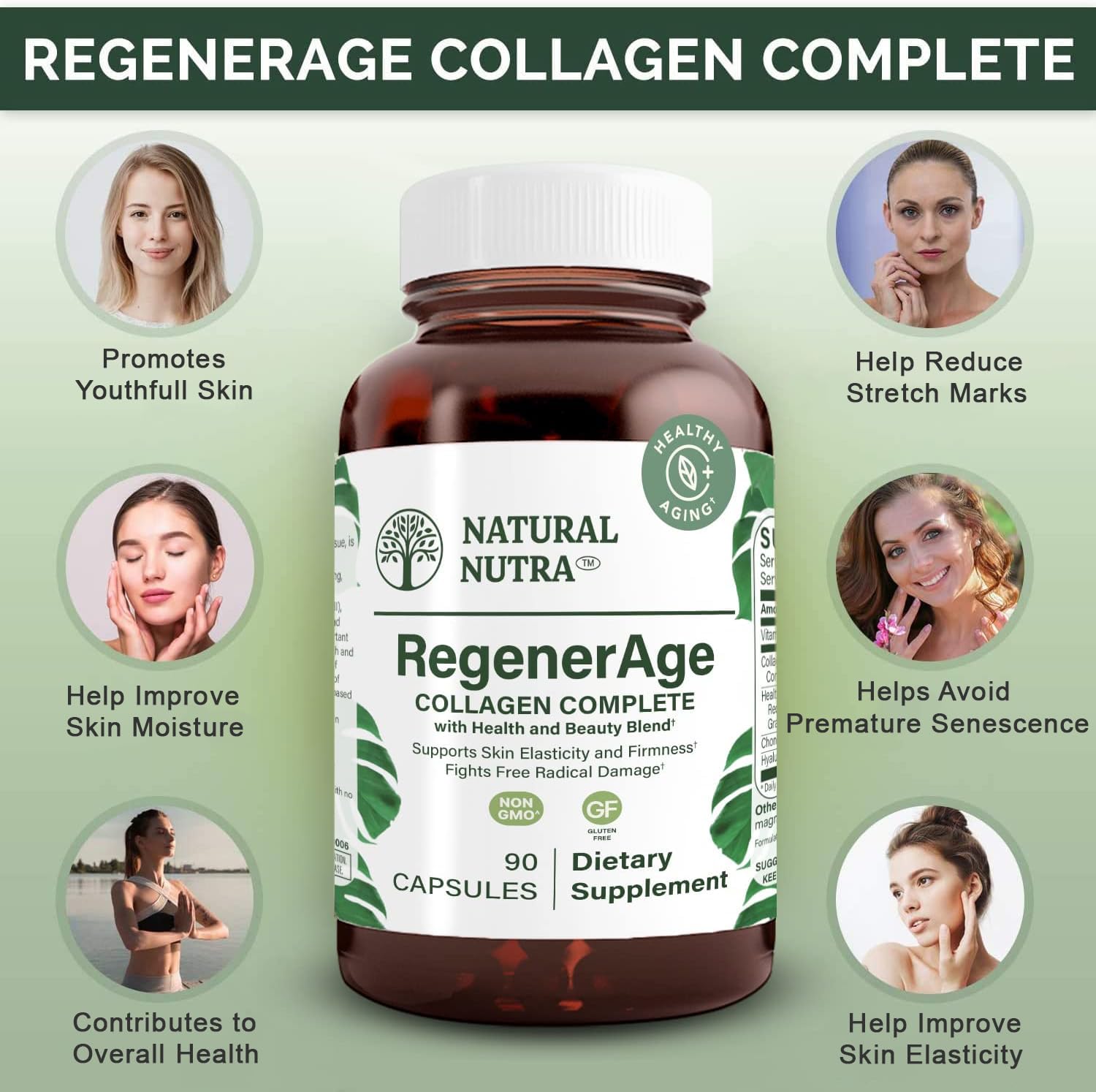 Natural Nutra RegenerAge Complete Supplement for Skin Health with Protein Peptides, Reduce Stretch Marks, Contributes Overall Health, Vitamin C, Grape Seed Red Wine Extract, Gluten Free, 90 Capsules.