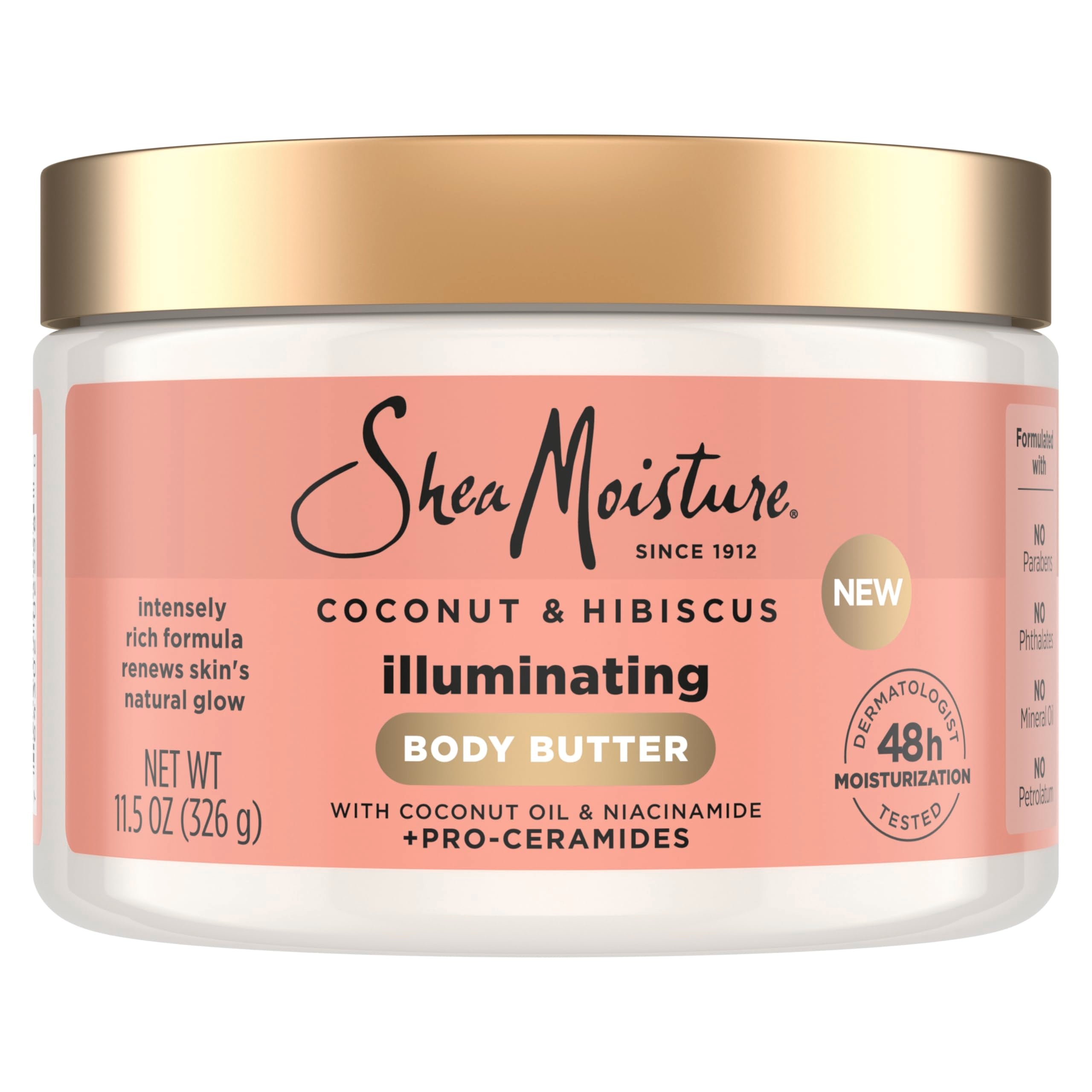 SheaMoisture Illuminating Body Butter with Coconut & Hibiscus, Niacinamide and Pro-Ceramides, Renewing Skin’s Natural Glow, 48H Moisturizing 11.5 oz
