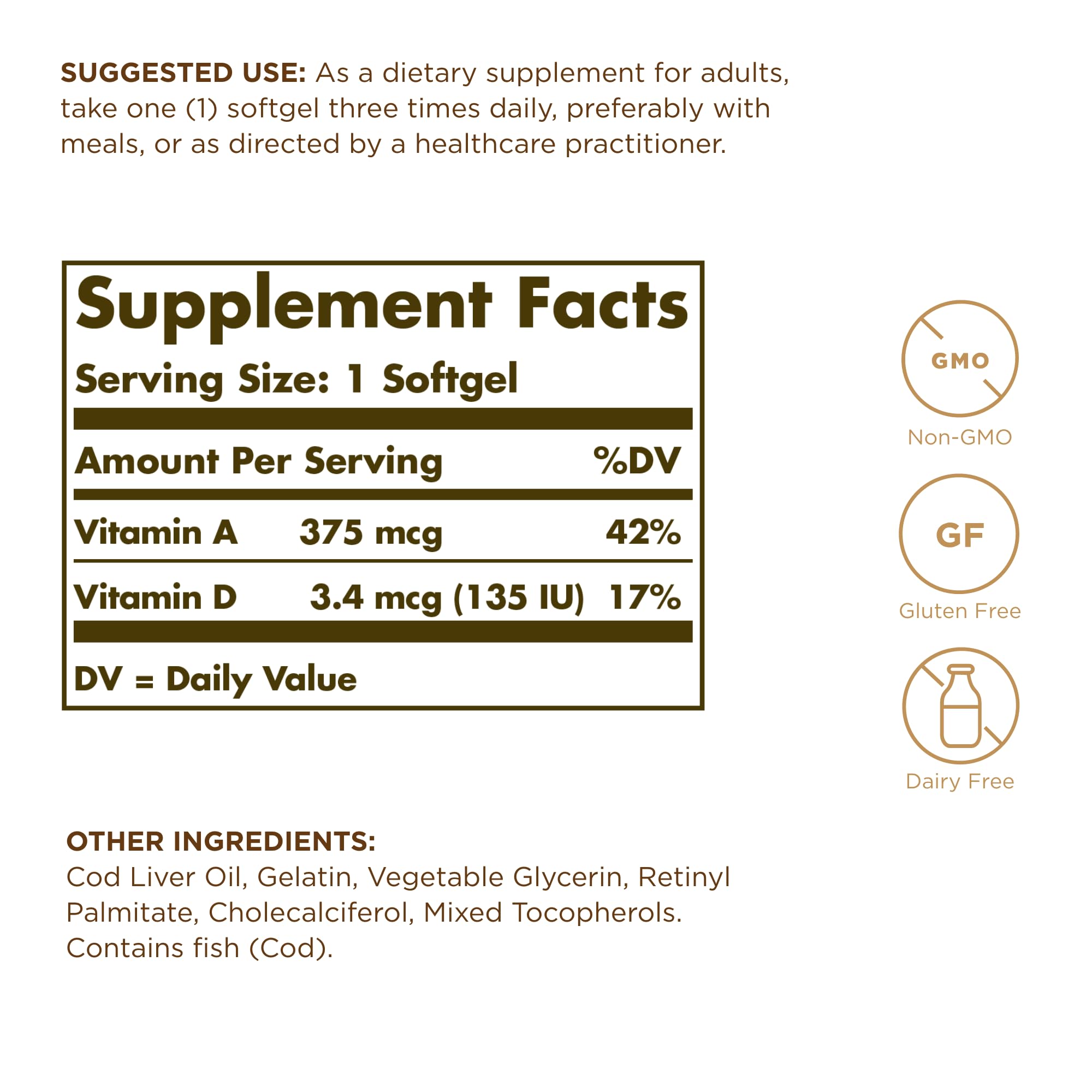 Solgar Cod Liver Oil - 100 Softgels, Pack of 3 - Provides Vitamins A & D - Non-GMO, Gluten Free - 300 Total Servings