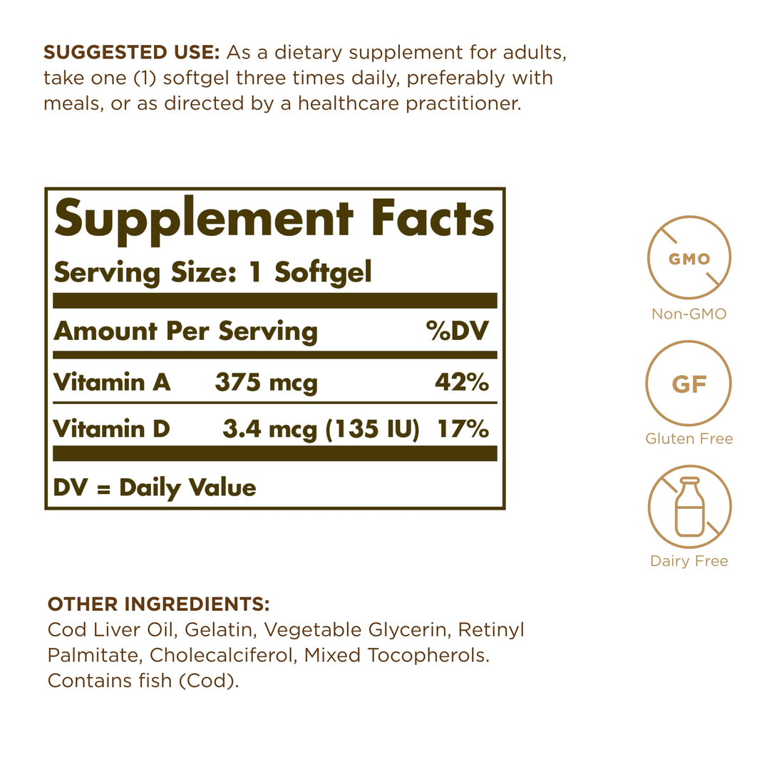 Solgar Cod Liver Oil - 100 Softgels, Pack of 3 - Provides Vitamins A & D - Non-GMO, Gluten Free - 300 Total Servings