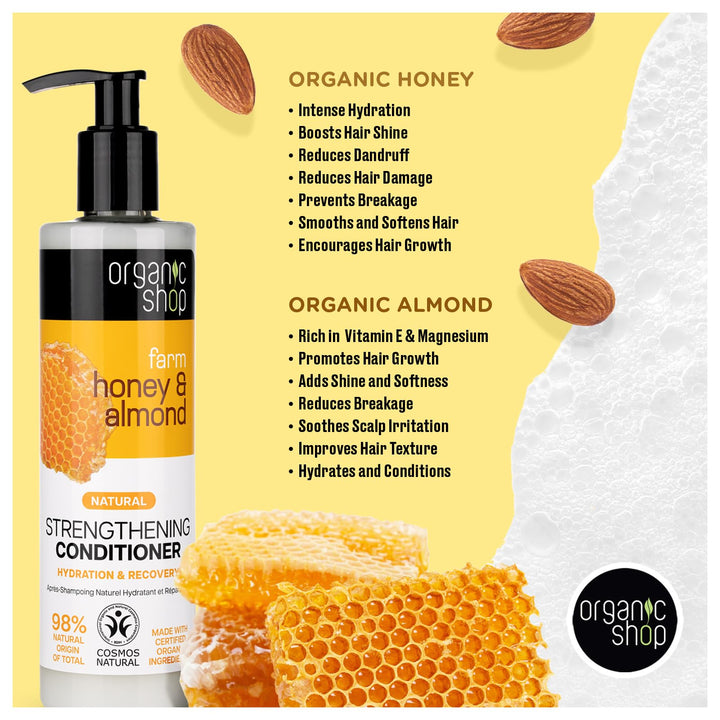 Organic Shop Honey & Almond Strengthening Conditioner, Hydrate Moisturizing Restorer, Softens and Deeply Hydrates Dry Damaged Hair, Paraben-Free, Sulfate-Free Surfactants. 100% Vegan - Organic