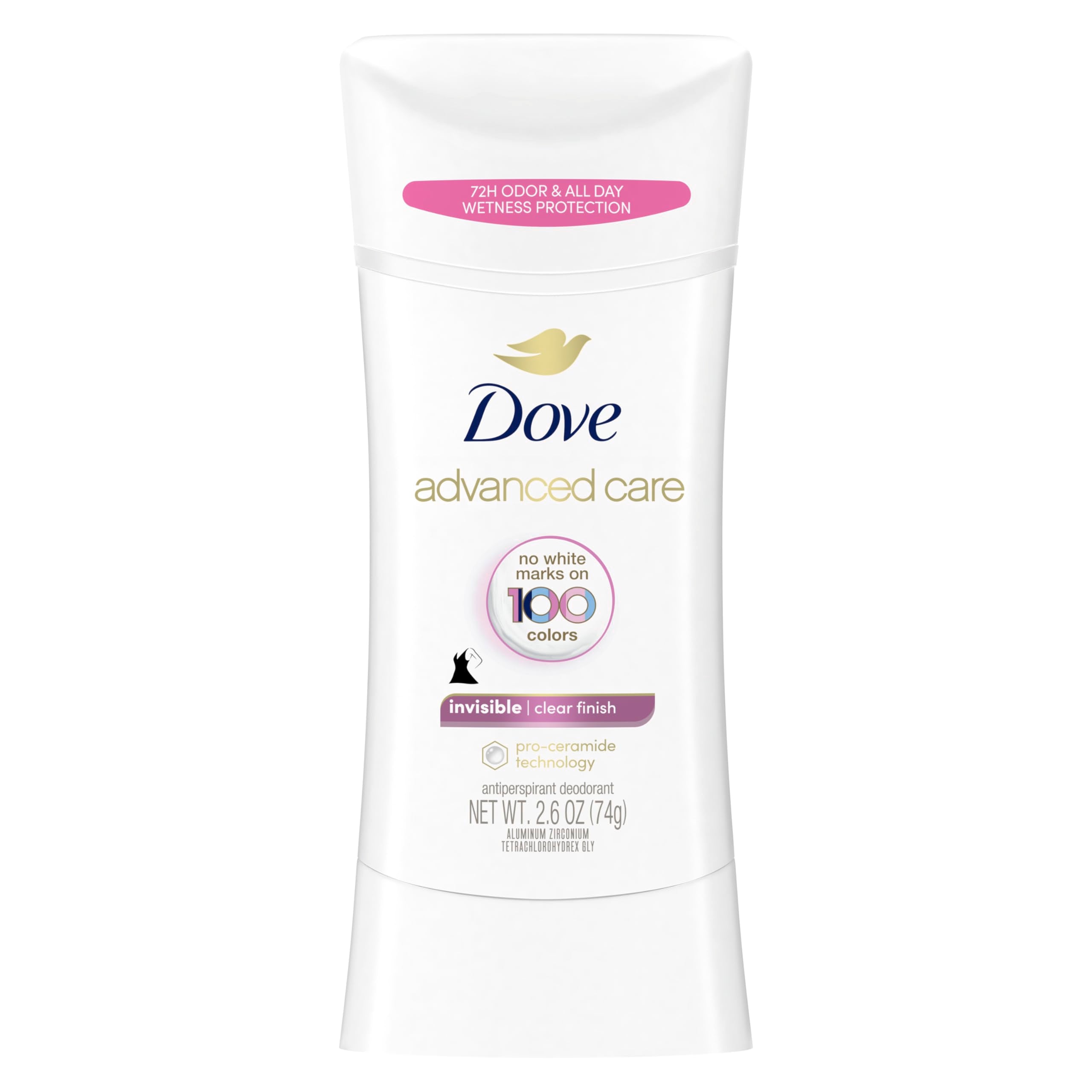 Dove Advanced Care Invisible Antiperspirant Deodorant Stick No White Marks on 100 Colors Clear Finish 48-Hour Sweat and Odor Protecting Deodorant for Women 2.6 oz
