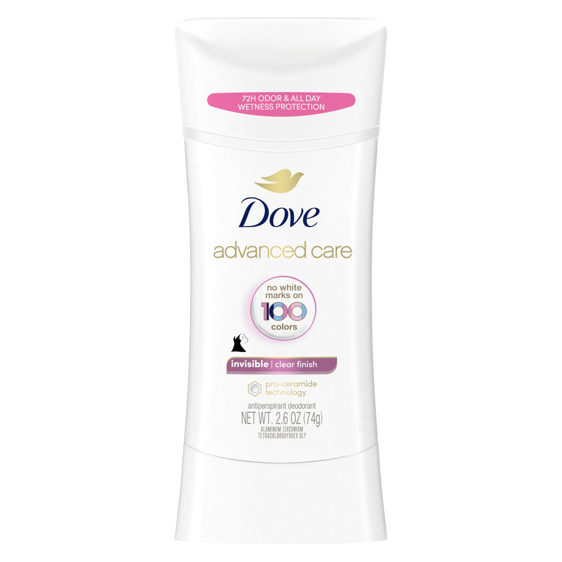 Dove Advanced Care Invisible Antiperspirant Deodorant Stick No White Marks on 100 Colors Clear Finish 48-Hour Sweat and Odor Protecting Deodorant for Women 2.6 oz