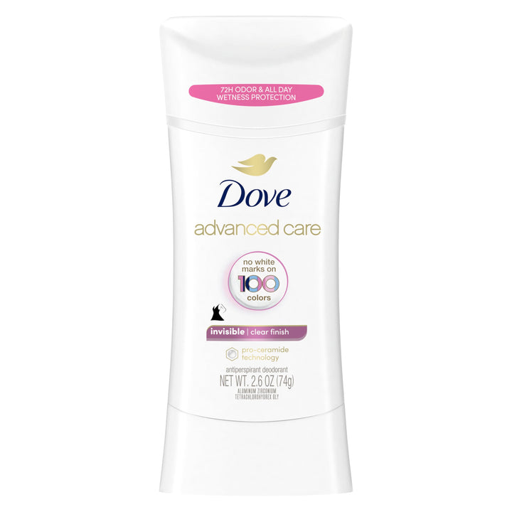 Dove Advanced Care Invisible Antiperspirant Deodorant Stick No White Marks on 100 Colors Clear Finish 48-Hour Sweat and Odor Protecting Deodorant for Women 2.6 oz