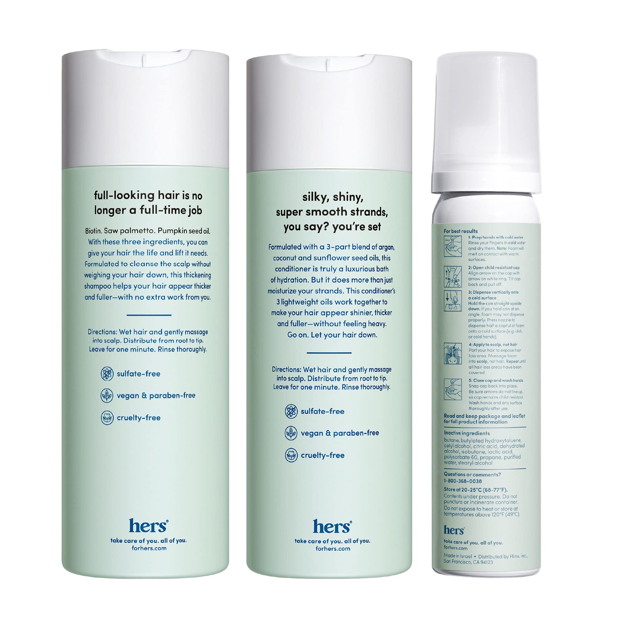 hers Triple Threat Shampoo, Conditioner and Minoxidil Set - Hair Loss Treatment for Women - Includes 5% Foam Minoxidil Treatment, Color Safe Hair Thickening Shampoo and Conditioner - 3 Count