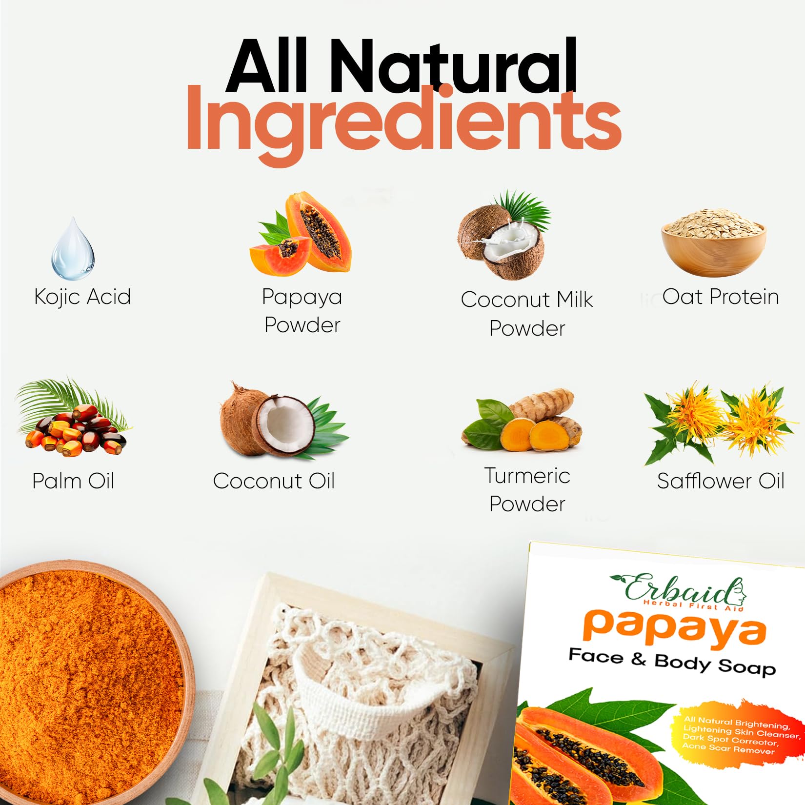 Papaya Soap Face & Body Wash – Skin Brightening Papaya Soap Bar for Dark Spots – Reduce Acne, Cleanse Scars, & Even Skin Tone – with Turmeric, Kojic Acid & Essential Oils – for All Skin Types