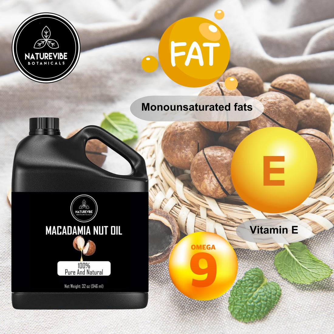 Naturevibe Botanicals Macadamia Oil 32 Ounces | 100% Pure and Natural | Great for Skin Care and Hair Care
