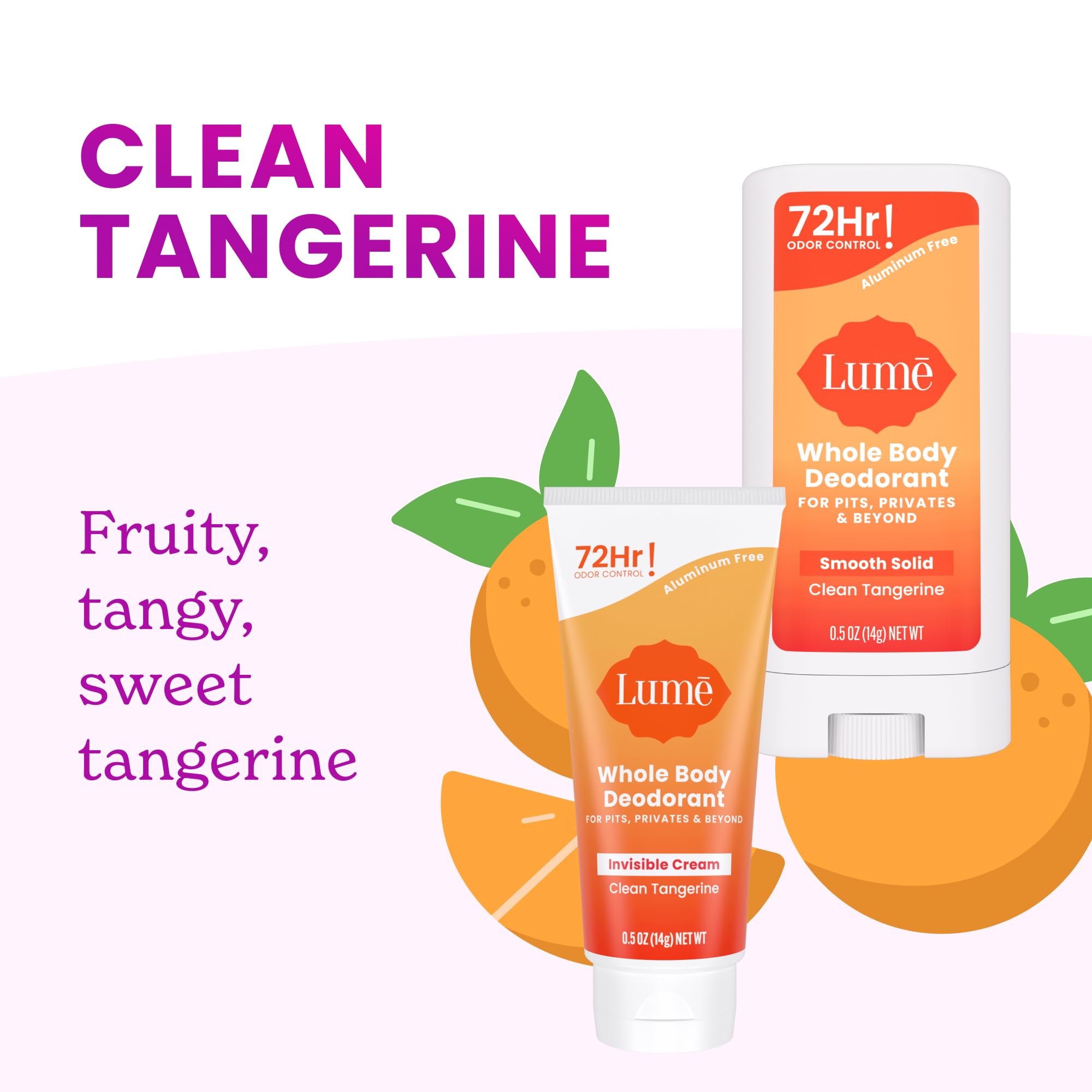 Lume Whole Body Deodorant - Invisible Cream + Solid Stick Mini Bundle - 72 Hour Odor Control - Aluminum & Baking Soda Free, Skin Loving - 0.5 Ounce Each - Travel, Trial Size Minis (Clean Tangerine)