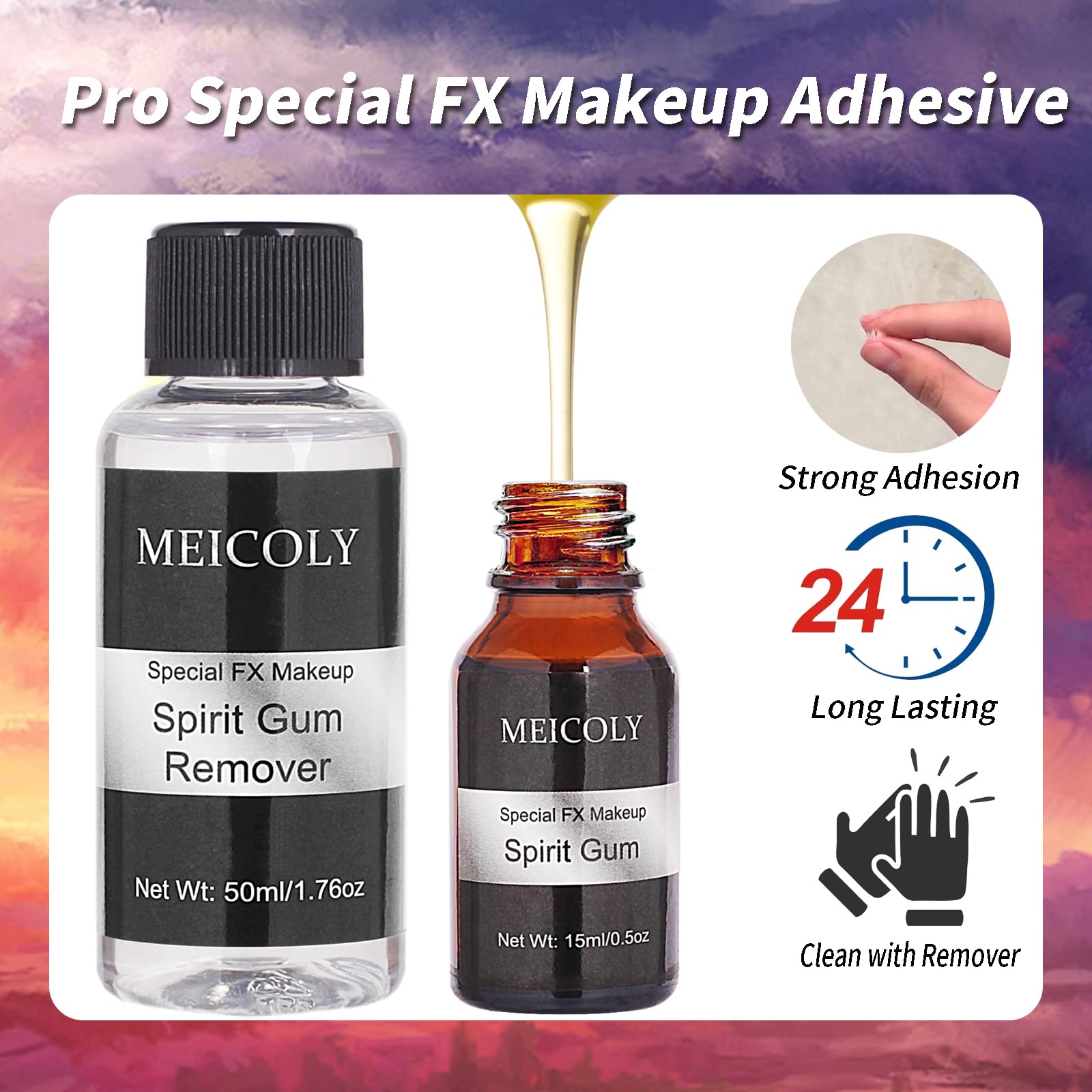 MEICOLY Spirit Gum Adhesive and Remover Combo Kit,0.5OZ Spirit Gum+1.76OZ Remover,Prosthetic Bald Cap Adhesive Glue,Face Skin Glue for Costume,Pro Makeup Glue Adhesive for Face Body Mustache Beard
