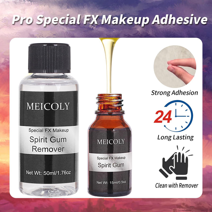 MEICOLY Spirit Gum Adhesive and Remover Combo Kit,0.5OZ Spirit Gum+1.76OZ Remover,Prosthetic Bald Cap Adhesive Glue,Face Skin Glue for Costume,Pro Makeup Glue Adhesive for Face Body Mustache Beard