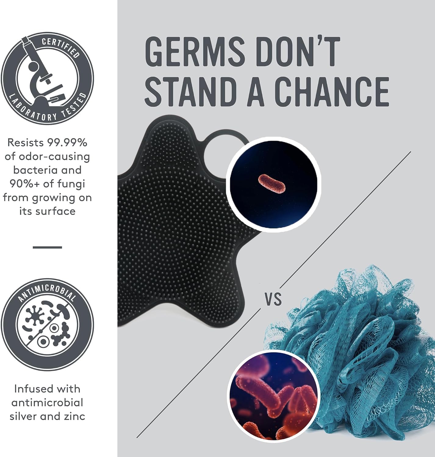 LUCKSTELLA Dual-Sided Silicone Body Scrubber, Soft Loofah Shower Brush for Sensitive Skin, Eco Friendly Shower Scrubber for Body, Silver and Zinc-Infused Silicone Body Brush for Showering (Black)