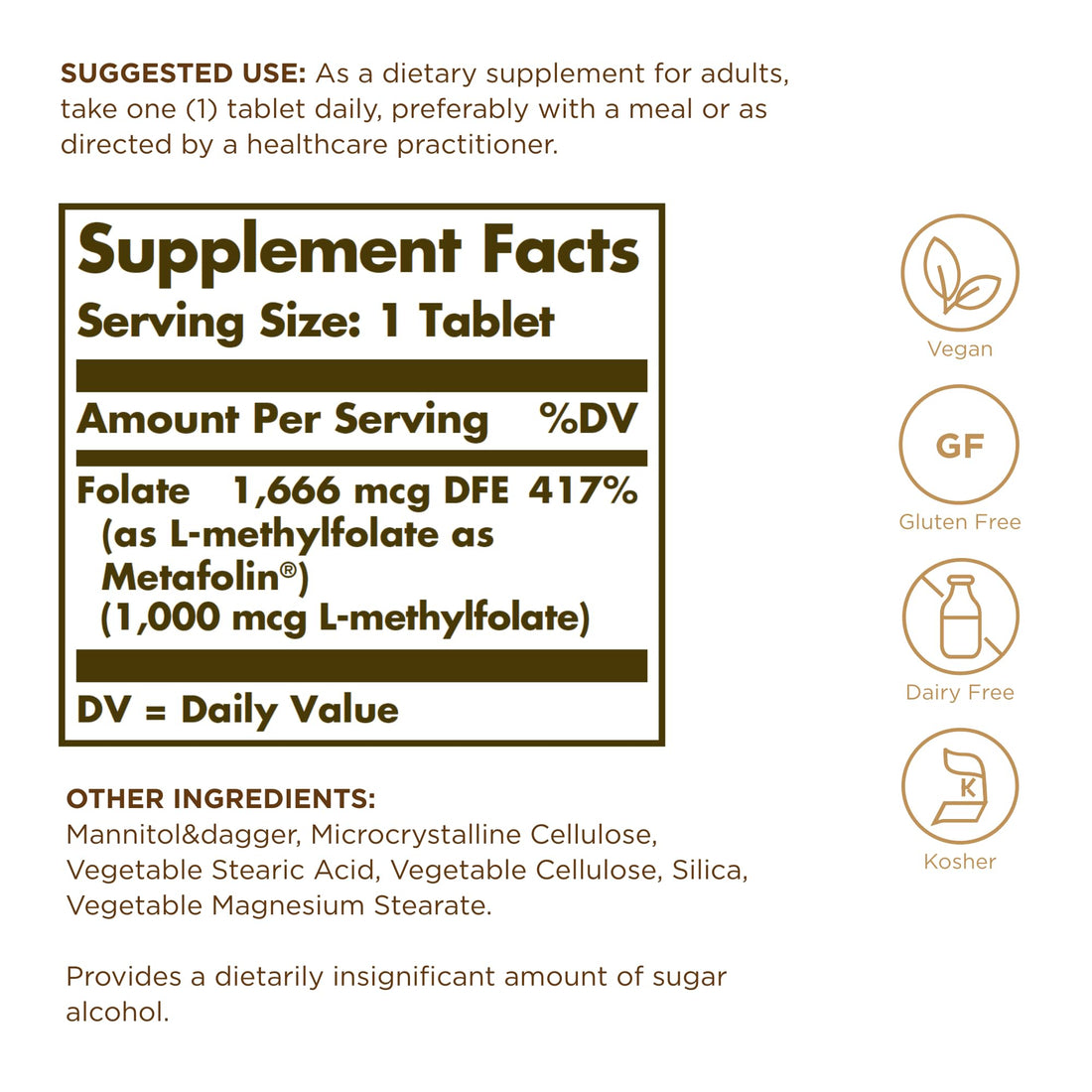 Solgar Folate 1000 mcg - 120 Tablets - 1000 mcg Bio-Active Metafolin - Vegan, Gluten Free, Dairy Free, Kosher - 120 Servings