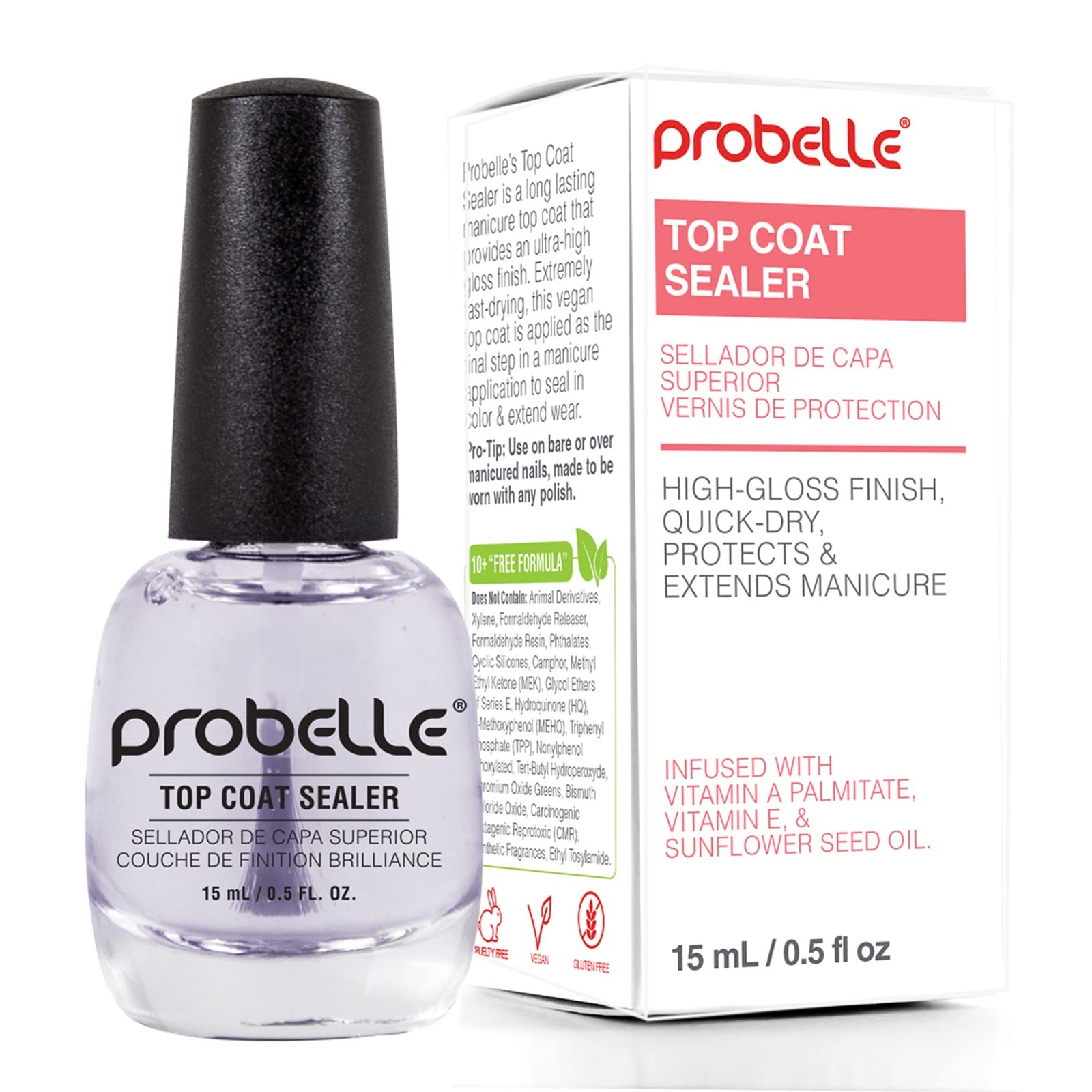 Probelle Top Coat Sealer - Ultra High Gloss And Thick Finishing Top Coat For Long Lasting Manicure, 0.5 Fl Oz/ 15 Ml