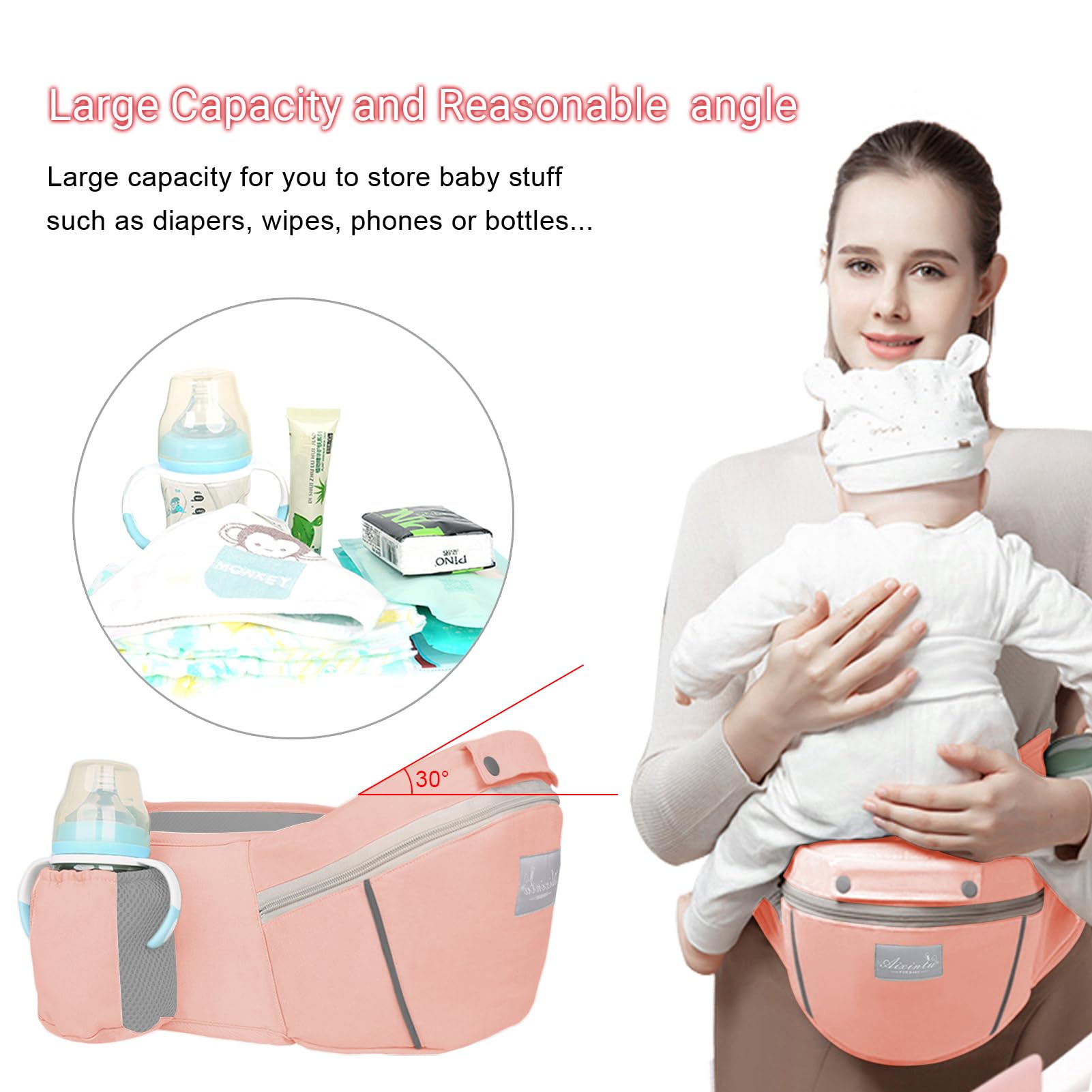 Huifen Multi-Functional 9 in 1 Baby Carrier - Newborn to Toddler, 7-45 lbs, Hip Seat, Ergonomic Sling, Hands Free Backpack, All Seasons (Pink)