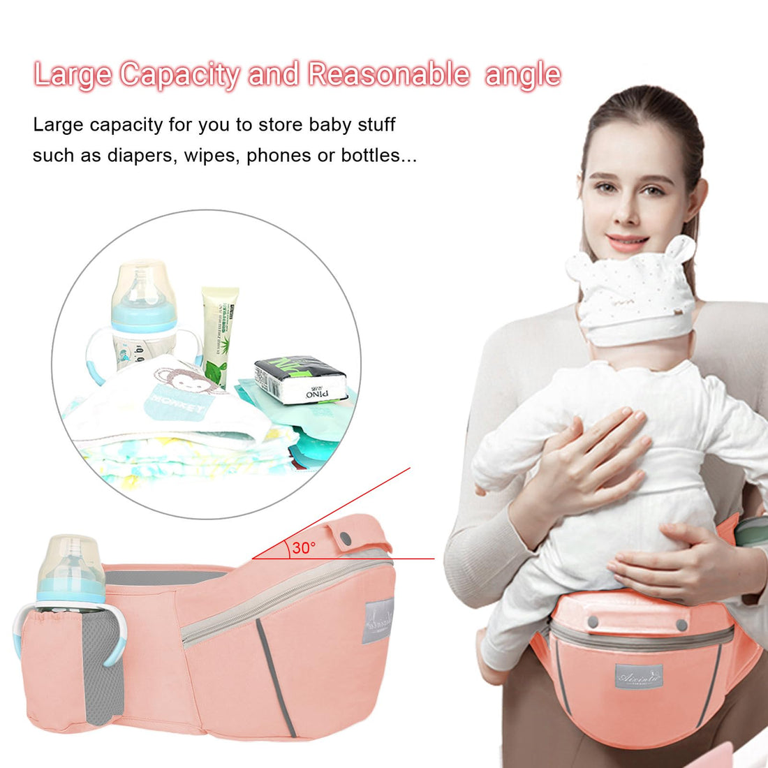 Huifen Multi-Functional 9 in 1 Baby Carrier - Newborn to Toddler, 7-45 lbs, Hip Seat, Ergonomic Sling, Hands Free Backpack, All Seasons (Pink)