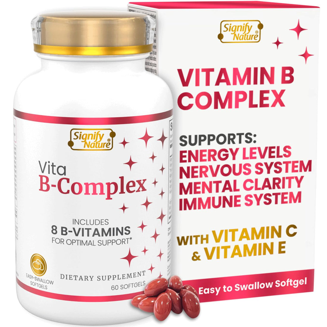 SIGNIFY NATURE VitaBComplex with Vitamin C and E, B Complex Vitamins for Women & Men, BComplex Supplements, VIT B1, B2, B3, B5, B6, B8, B9, B12, Super B Softgels - 60 CT