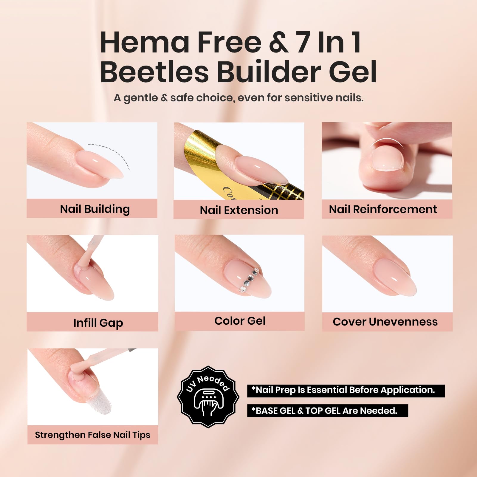 Beetles Hema-Free Builder Gel 2 Colors 7 in 1 Nude Glitter Builder Gel for Nail Apex & Extension Strengthener Upgraded Bottle LED Lamp DIY Manicure Salon Beauty Gift Sets for Women