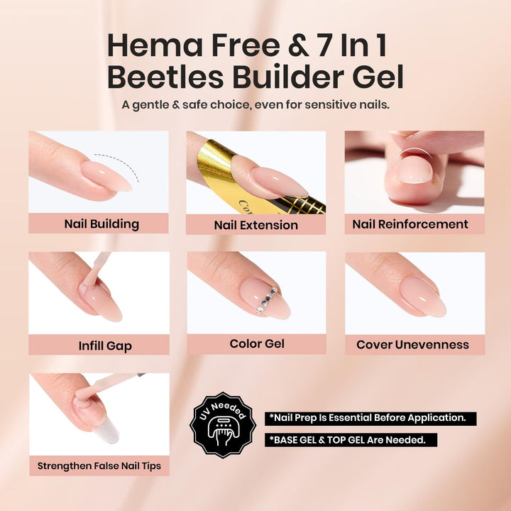 Beetles Hema-Free Builder Gel 2 Colors 7 in 1 Nude Glitter Builder Gel for Nail Apex & Extension Strengthener Upgraded Bottle LED Lamp DIY Manicure Salon Beauty Gift Sets for Women
