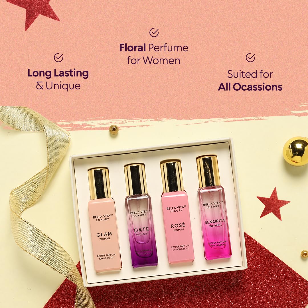 BellaVita Luxury Perfumes for Women Set (4x20ml) | Woman Perfume with DATE, SENORITA, GLAM & ROSE | Vanilla Perfume with Floral Sweet & Musk | Arabian Perfume for Women | Cologne & Perfume Gift Set
