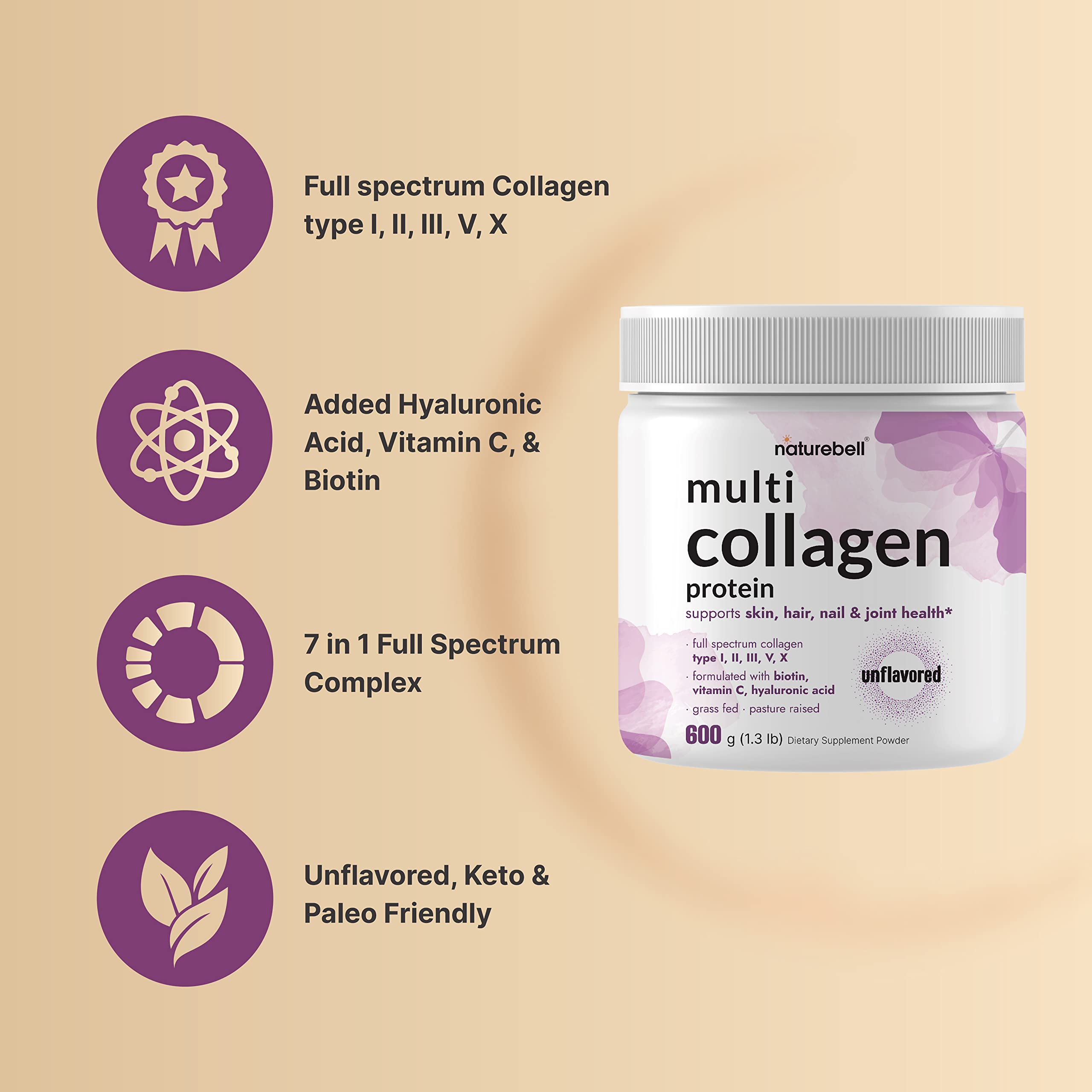 Multi Collagen Protein Powder 600g - 5 Types (I, II, III, V, X) Grass-Fed & Pasture-Raised | with Biotin 5000mcg, Vitamin C & Hyaluronic Acid | Keto, Paleo, Unflavored (54 Servings)