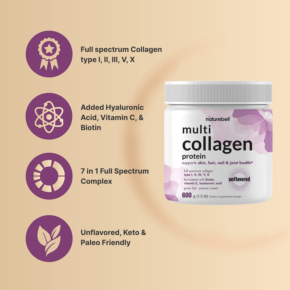 Multi Collagen Protein Powder 600g - 5 Types (I, II, III, V, X) Grass-Fed & Pasture-Raised | with Biotin 5000mcg, Vitamin C & Hyaluronic Acid | Keto, Paleo, Unflavored (54 Servings)