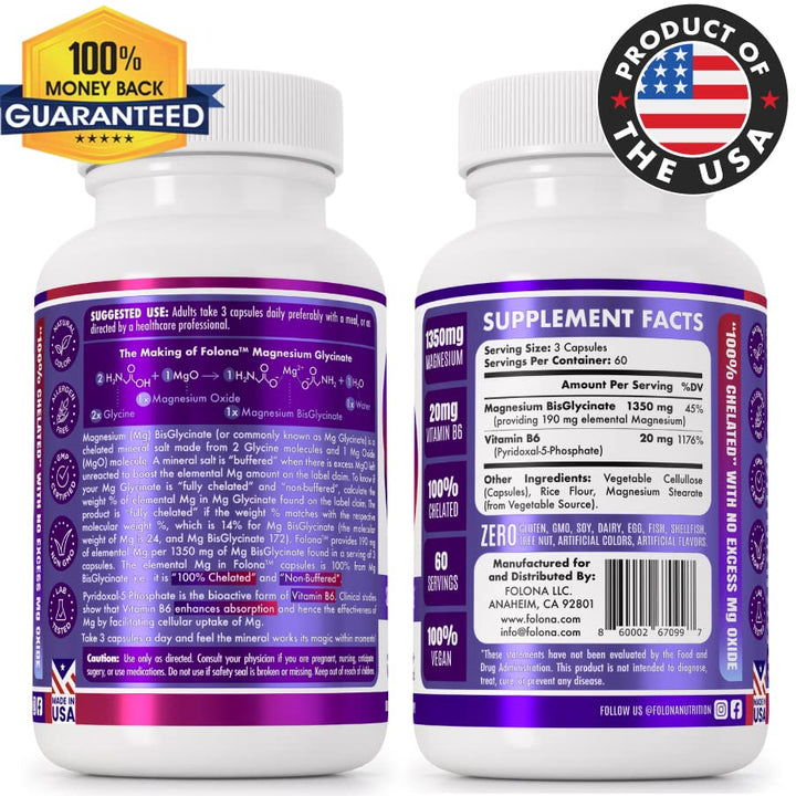 Folona Magnesium Glycinate with Vitamin B6 Research Proven to Enhance Absorption, 1350mg Fully Chelated - Supports Sleep, Stress Relief, Energy, Muscle Cramps - Gluten Free, NonGMO, 180 Vegan Capsules
