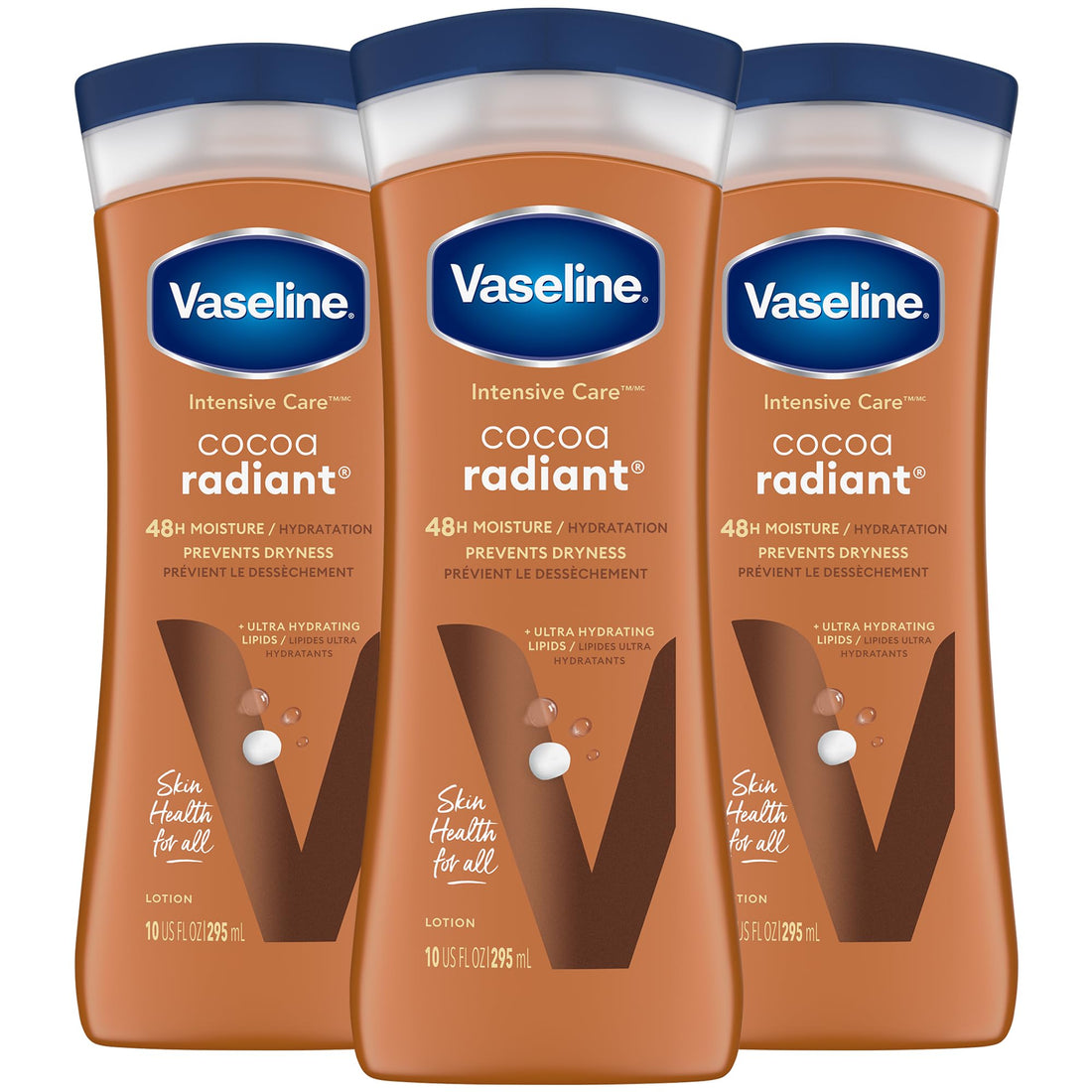 Vaseline Cocoa Radiant 3-Pack – Intensive Care Moisturizing Hand and Body Lotion with Ultra-Hydrating Lipids, Pure Cocoa Butter, 10 Oz Ea