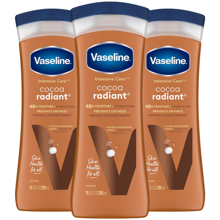 Vaseline Cocoa Radiant 3-Pack – Intensive Care Moisturizing Hand and Body Lotion with Ultra-Hydrating Lipids, Pure Cocoa Butter, 10 Oz Ea