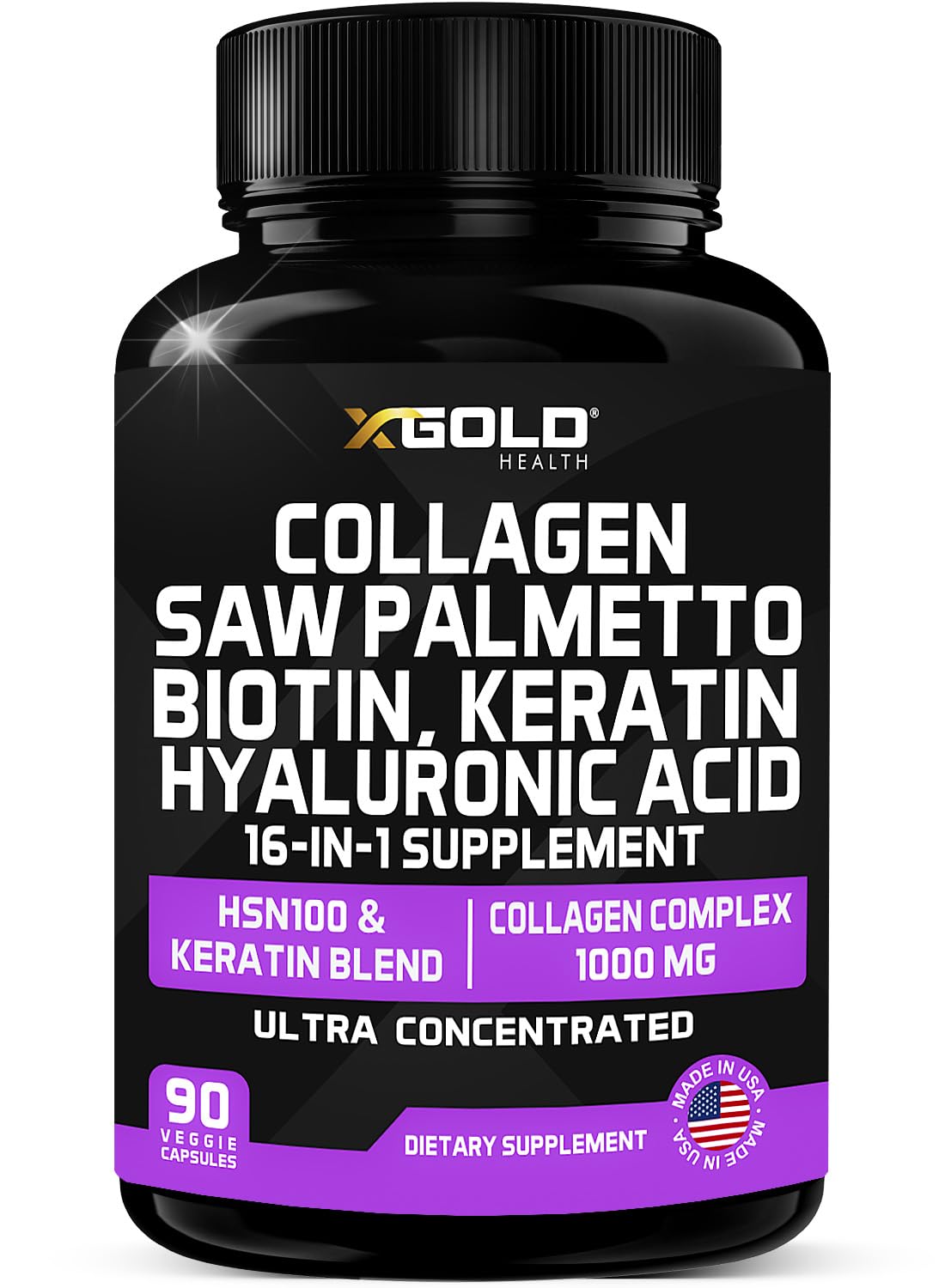 HSN100 - Collagen, Saw Palmetto, Biotin, Keratin & Hyaluronic Acid - 16-in-1 Beauty Supplement with Vitamin C & E, Collagen Complex & Keratin Blend - Hair, Skin & Nail Growth - 90 Capsules