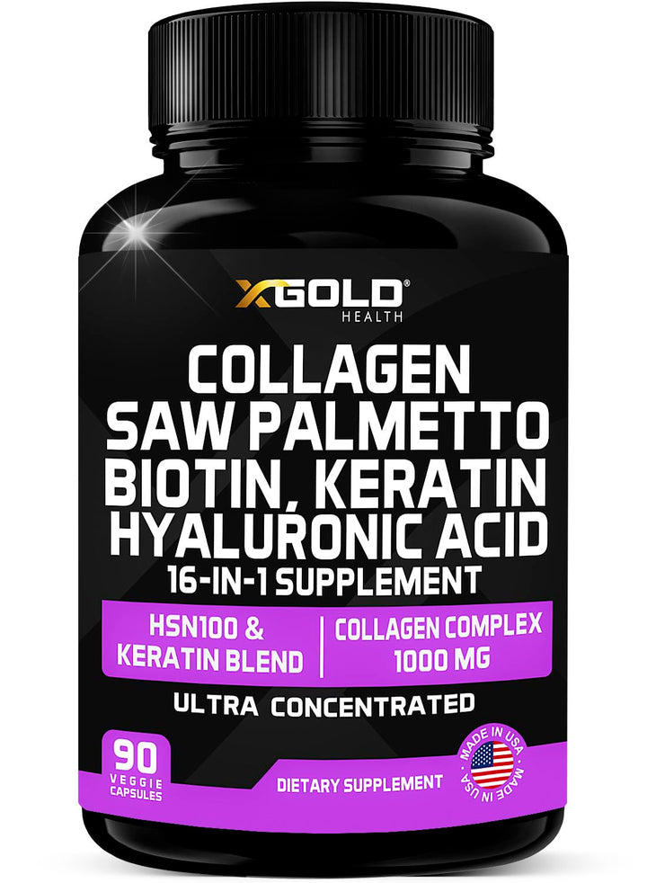HSN100 - Collagen, Saw Palmetto, Biotin, Keratin & Hyaluronic Acid - 16-in-1 Beauty Supplement with Vitamin C & E, Collagen Complex & Keratin Blend - Hair, Skin & Nail Growth - 90 Capsules