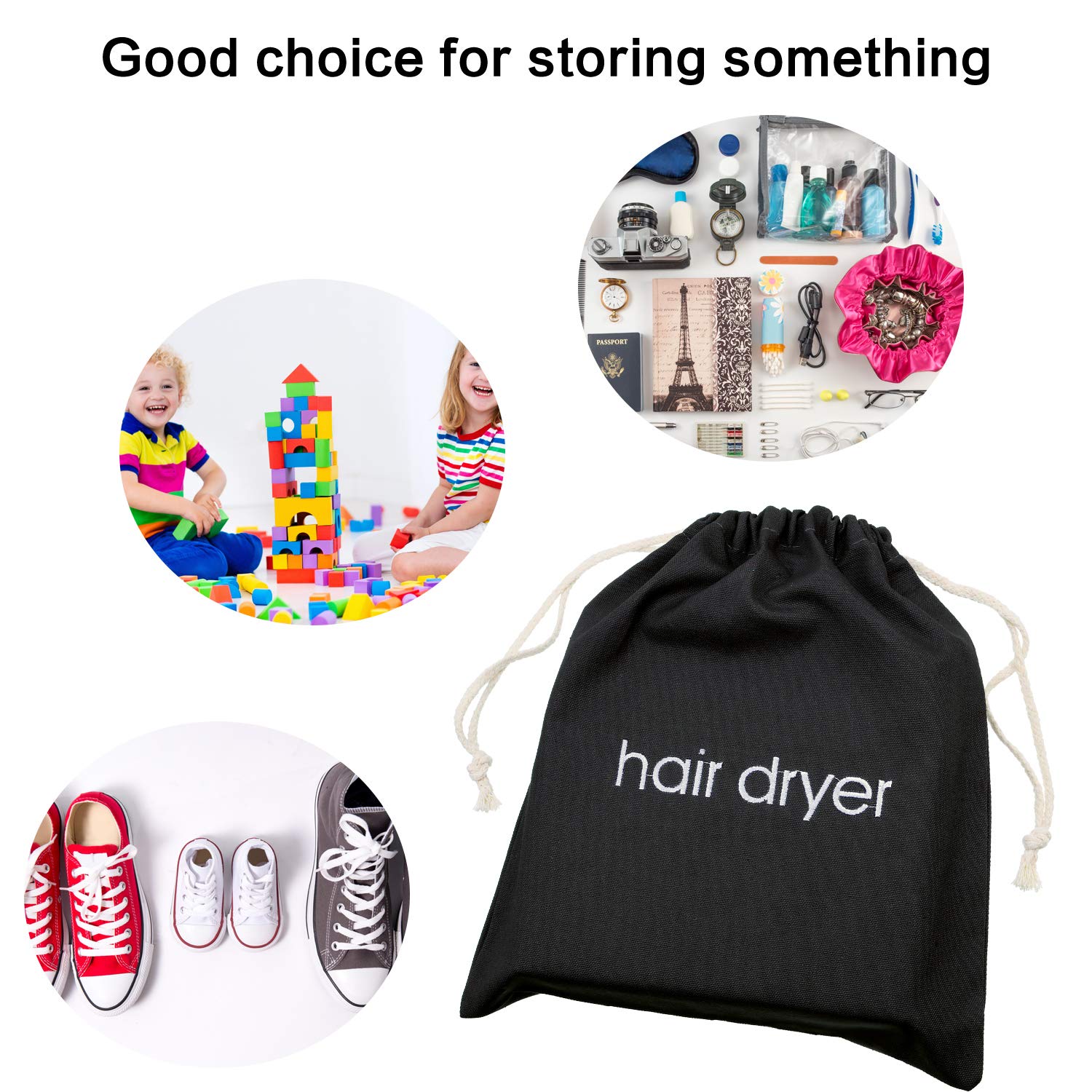 Hair Dryer Bags Drawstring Bag Container Hairdryer Bag, 11.8 by 13.8 Inch (Black,Cotton)