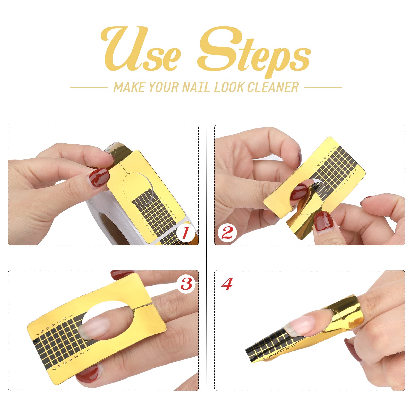 G2PLUS Nail Form Guide Stickers for Acrylic Nail Art Tips / Gel Nail Polish Extensions (1 Roll / 500 PCS - Gold)