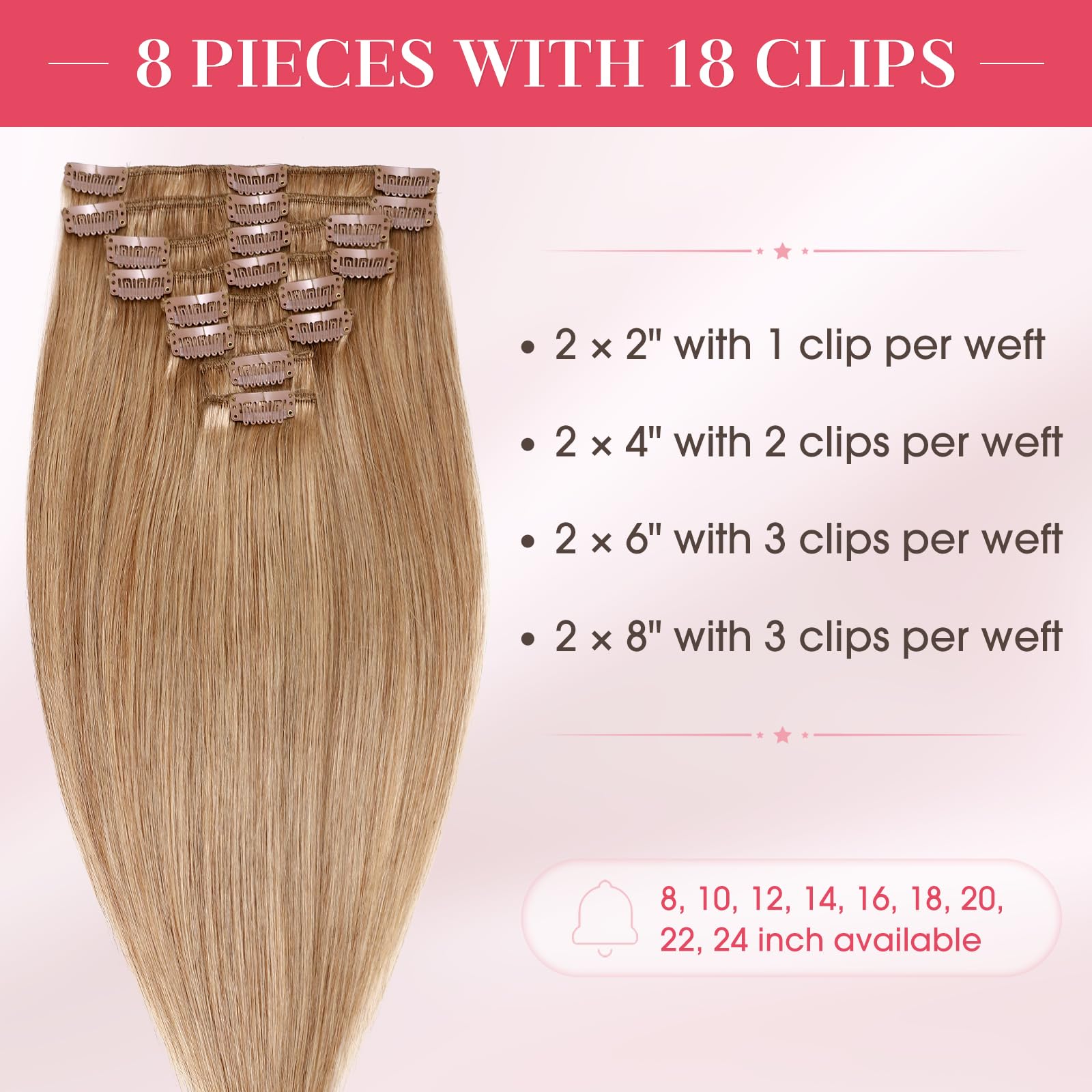 Clip in 100% Remy Human Hair Extensions 8-24 Grade 7A Quality Full Head 8pcs 18clips Long Soft Silky Straight for Women Fashion 13/13 inch 80g, 27 Dark Blonde