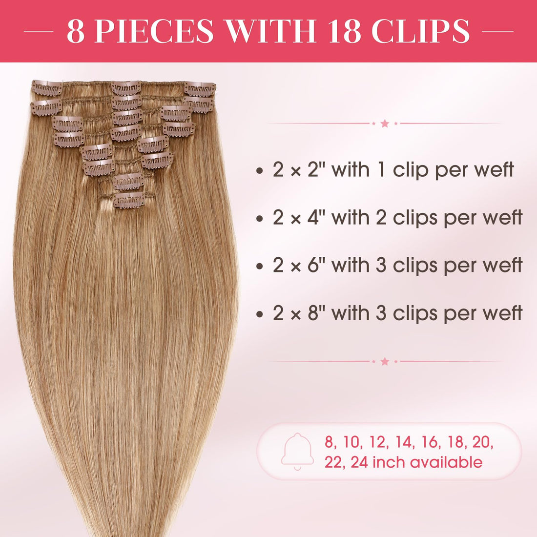 Clip in 100% Remy Human Hair Extensions 8-24 Grade 7A Quality Full Head 8pcs 18clips Long Soft Silky Straight for Women Fashion 13/13 inch 80g, 27 Dark Blonde