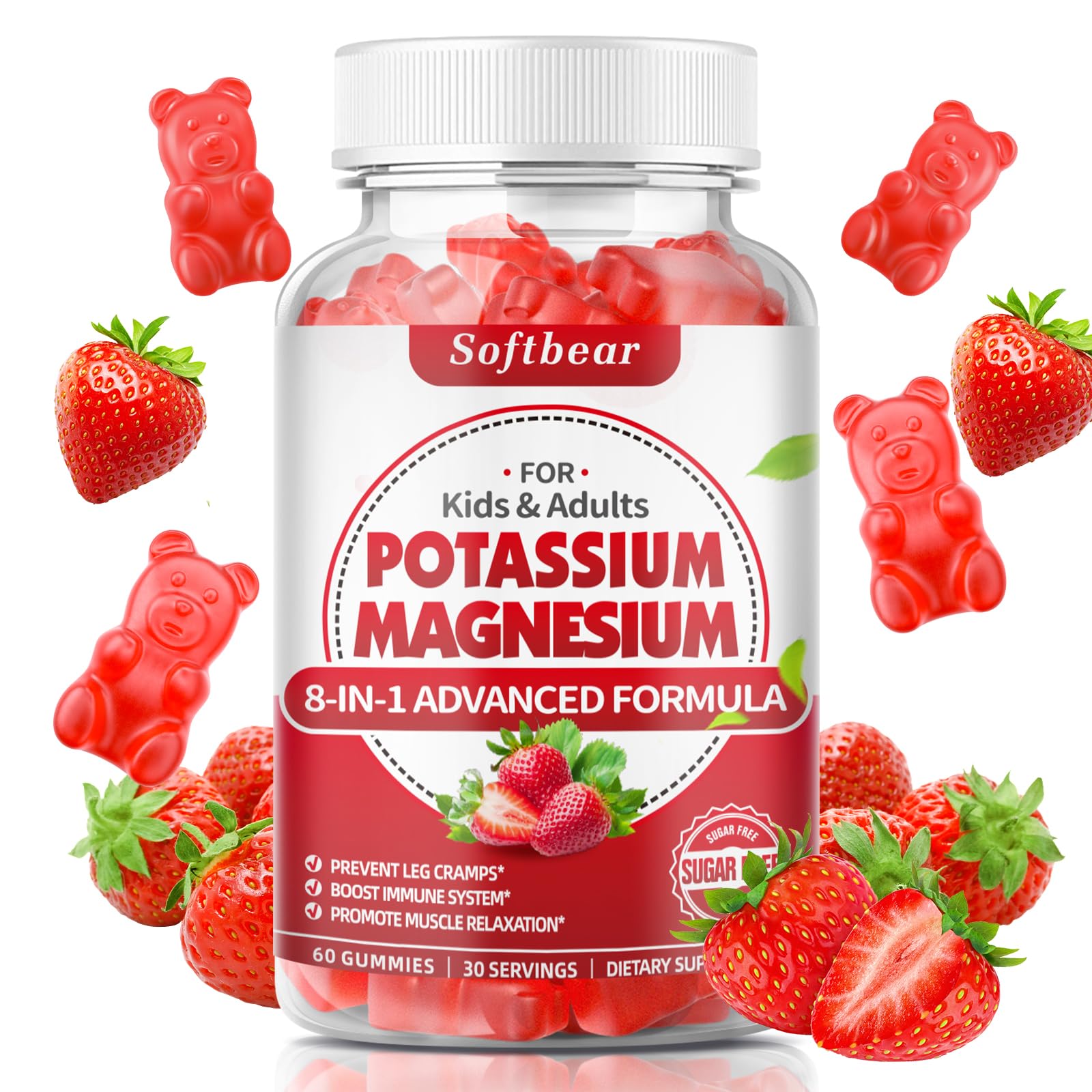 softbear Potassium Gummies for Adults, High Absorption Magnesium Potassium Supplement with Vitamin B6 for Leg Cramps & Muscle Health Sugar-Free Vegan Strawberry 60 Gummies