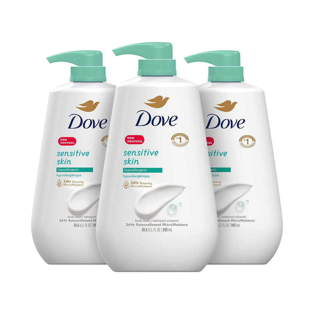 Dove Body Wash Hypoallergenic and Sulfate Free Body Wash Sensitive Skin Effectively Washes Away Bacteria While Nourishing Your Skin 34 oz 3 Count