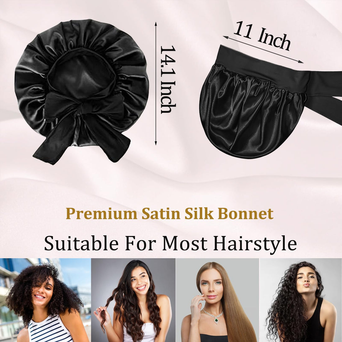 Silk Bonnet Satin Bonnet for Sleeping Large Bonnets with Tie Band Hair Wrap with Adjustable Straps Hair Cap for Women Curly Black