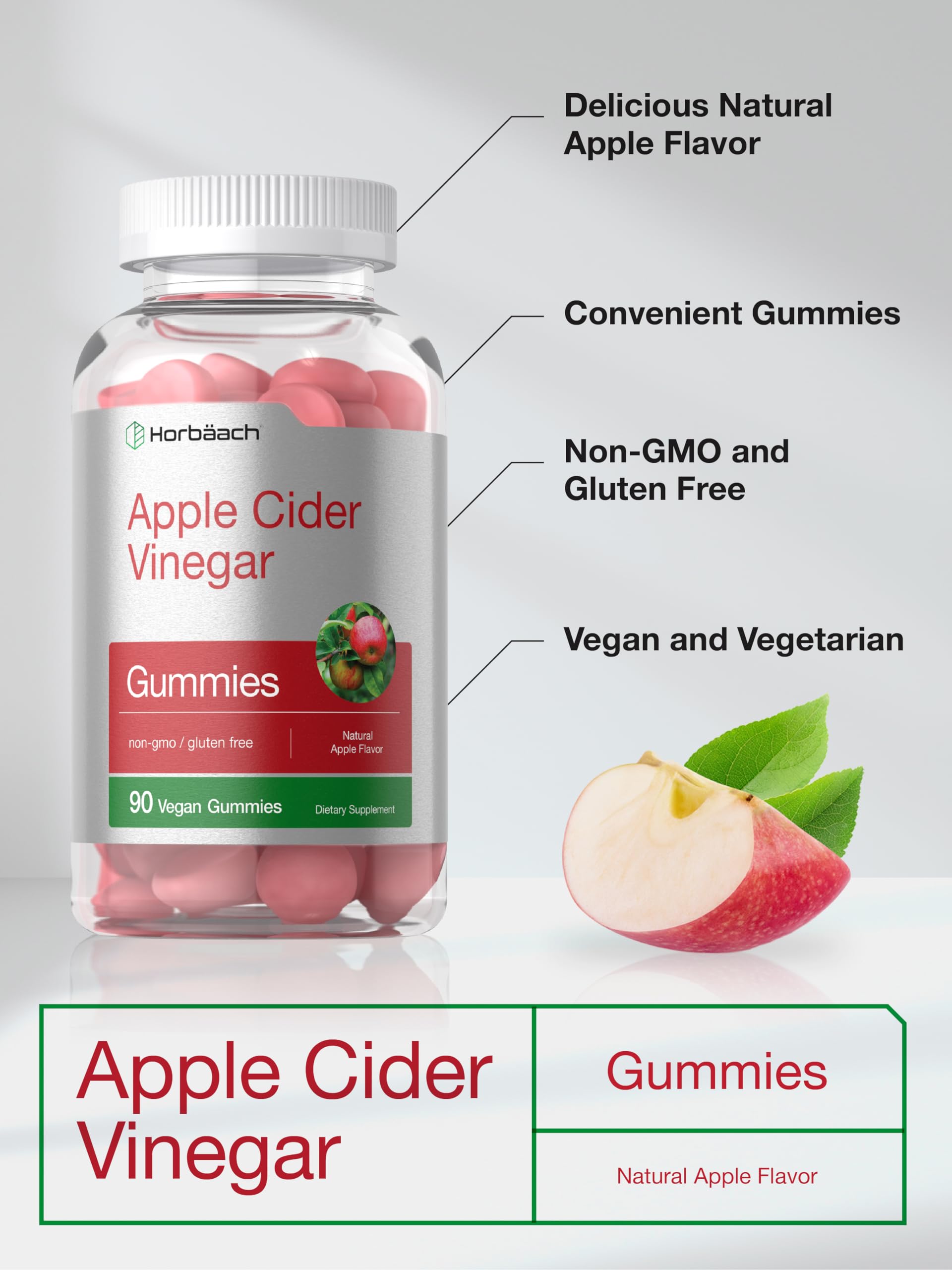 Horbäach Vegan Apple Cider Vinegar Gummies | 90 Count | ACV Supplement | Apple Flavor | Non-GMO, Gluten Free Gummies for Adults
