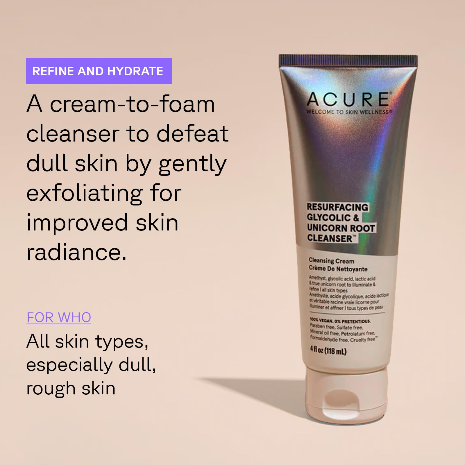 ACURE Resurfacing Glycolic + Unicorn Root Cleanser | 100% Vegan | Amethyst, Glycolic, Lactic & True Unicorn Root - Resurface, Refine & Hydrates | All Skin Types | 4 Fl Oz