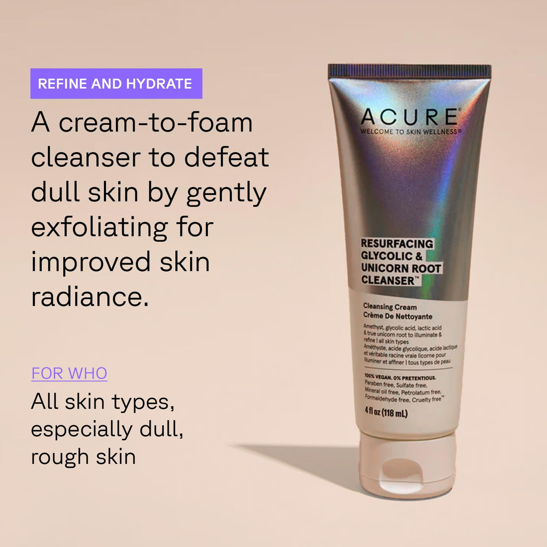ACURE Resurfacing Glycolic + Unicorn Root Cleanser | 100% Vegan | Amethyst, Glycolic, Lactic & True Unicorn Root - Resurface, Refine & Hydrates | All Skin Types | 4 Fl Oz
