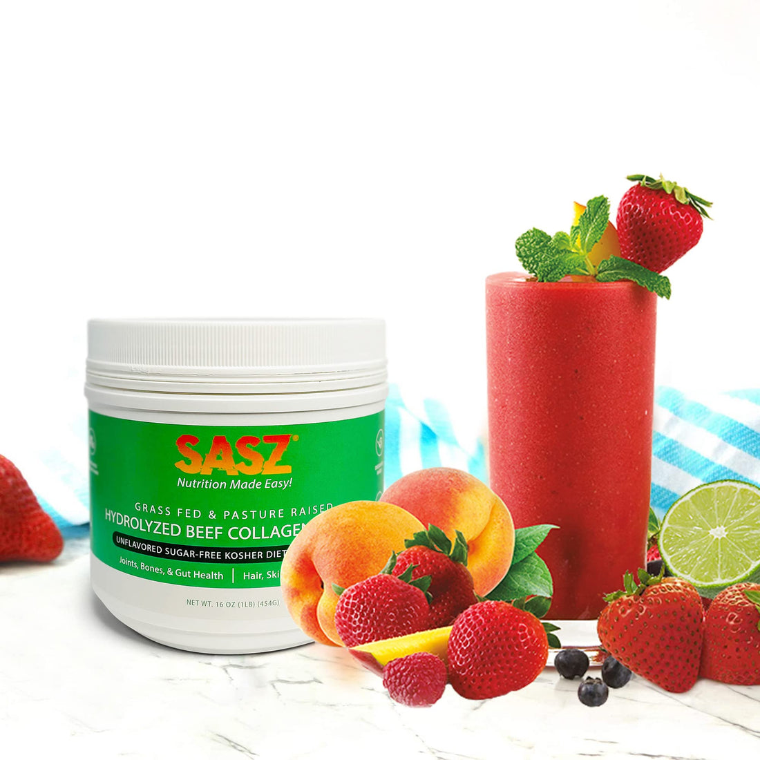 SASZ Hydrolyzed Bovine Collagen Peptides Powder 1lb Jar Clean Collagen Unflavored Grass-Fed Non-GMO Kosher Highly Soluble Protein