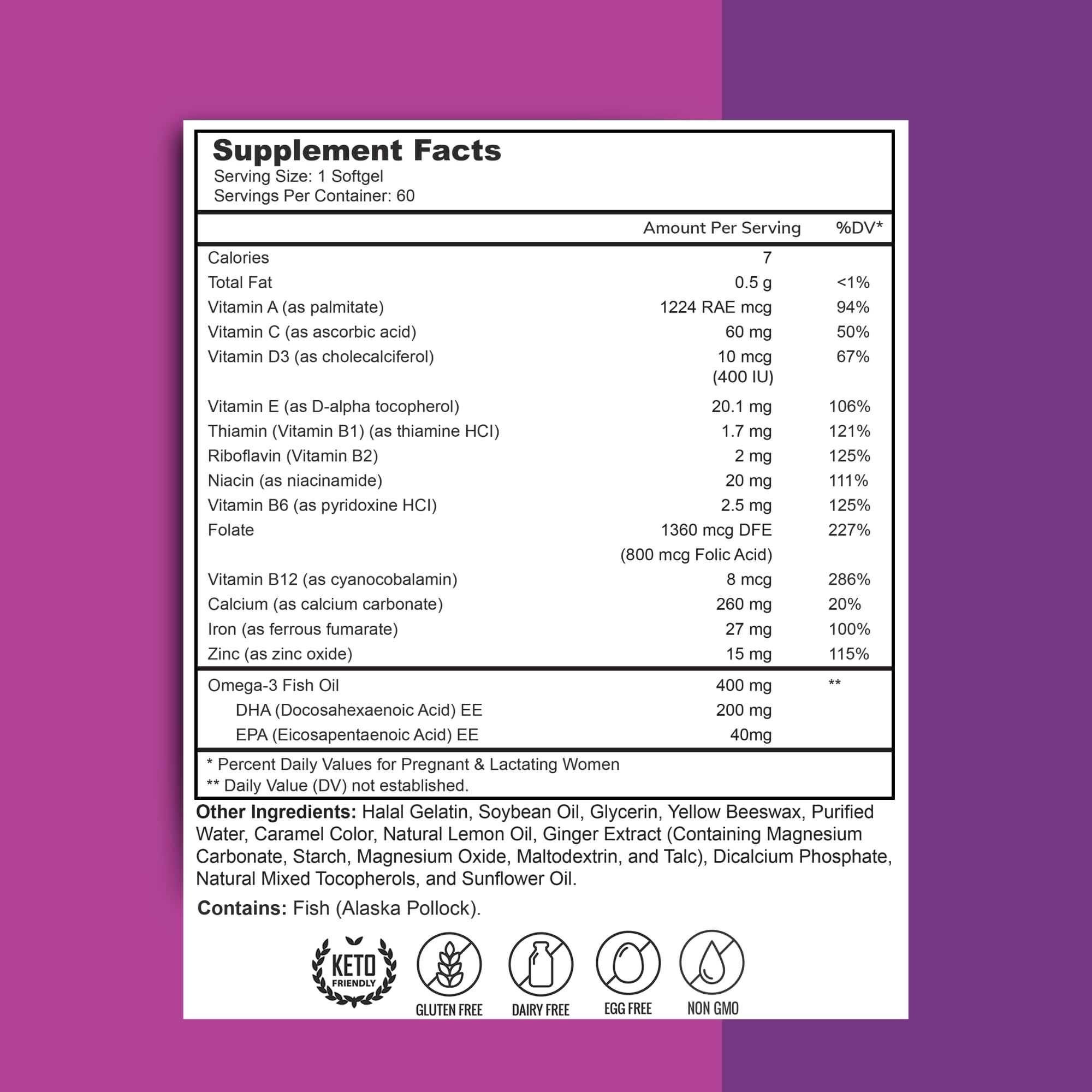 Zaytun Vitamins Halal Prenatal Vitamins + DHA, Folic Acid Iron, Ginger for Soothing, One Daily, for All Pregnancy Stages, Gluten Free, Non-GMO, 60 Softgels, 2 Months Supply, USA Made, Halal Vitamins