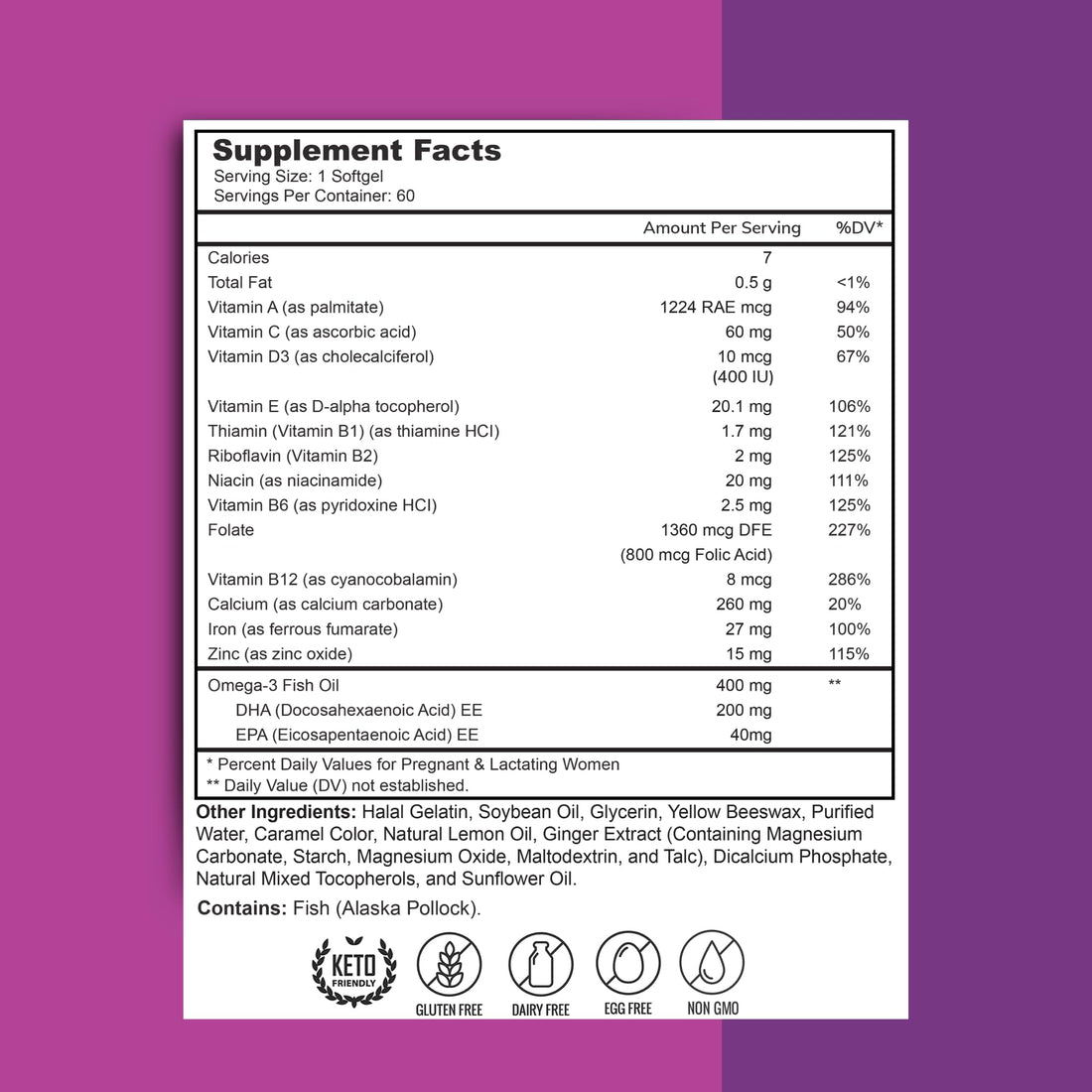 Zaytun Vitamins Halal Prenatal Vitamins + DHA, Folic Acid Iron, Ginger for Soothing, One Daily, for All Pregnancy Stages, Gluten Free, Non-GMO, 60 Softgels, 2 Months Supply, USA Made, Halal Vitamins