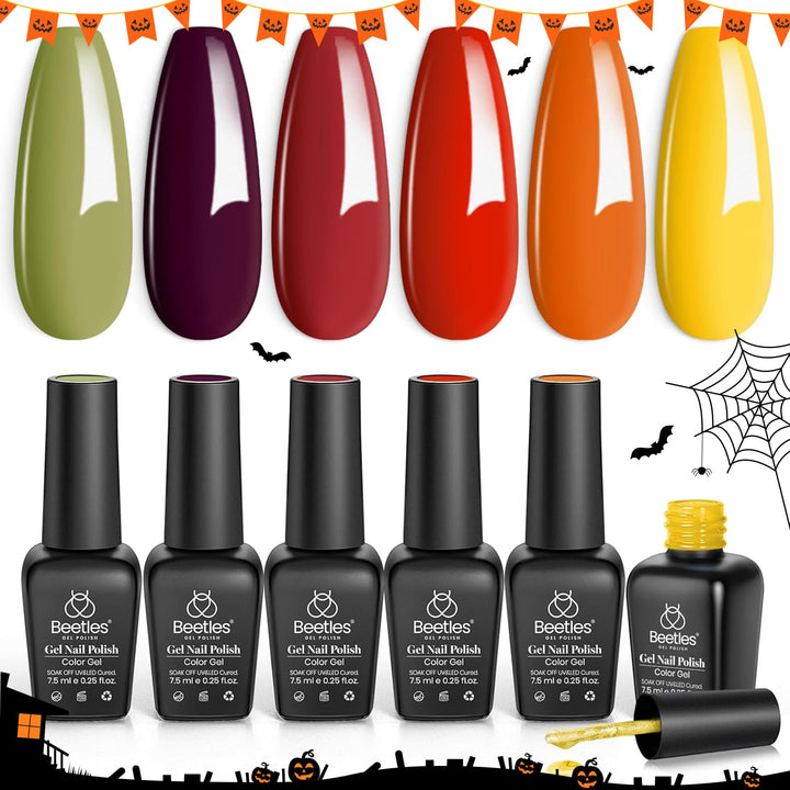 Beetles Gel Polish Set, Sunset Leaves Set Orange Green Gel Nail Polish Kit Autumn Fall Winter Soak Off UV Nail Lamp LED Cured, 7.3ml Each Bottle for Nail Art