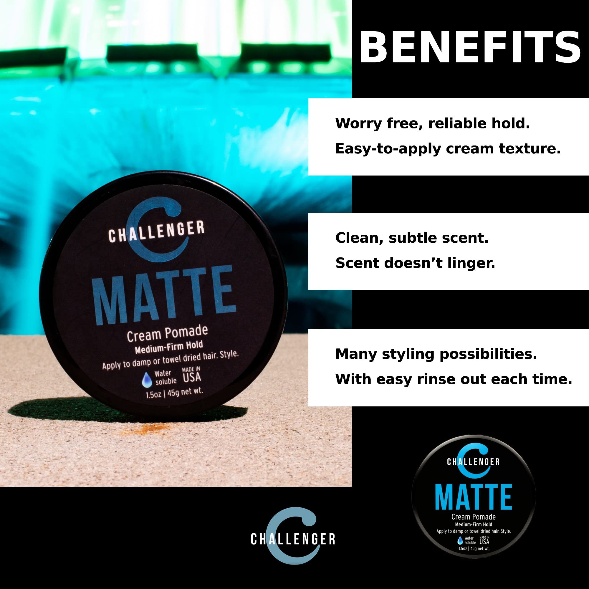 Matte Cream Pomade - Challenger 1.5oz Medium Firm Hold - Water Based, Clean & Subtle Scent. Best Mens Hair Styling Cream, Wax, Fiber, Clay, Paste All In One