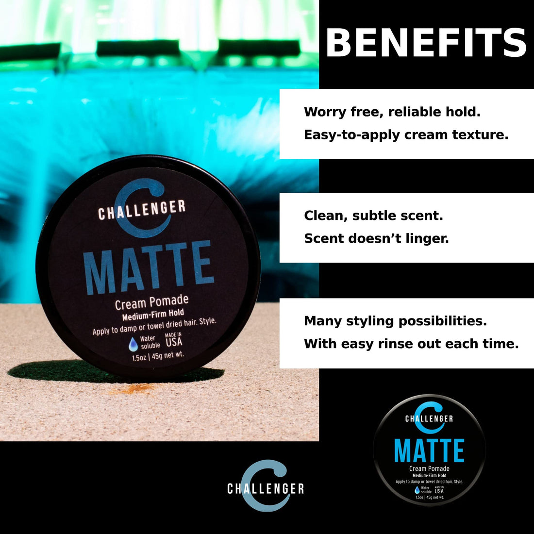 Matte Cream Pomade - Challenger 1.5oz Medium Firm Hold - Water Based, Clean & Subtle Scent. Best Mens Hair Styling Cream, Wax, Fiber, Clay, Paste All In One